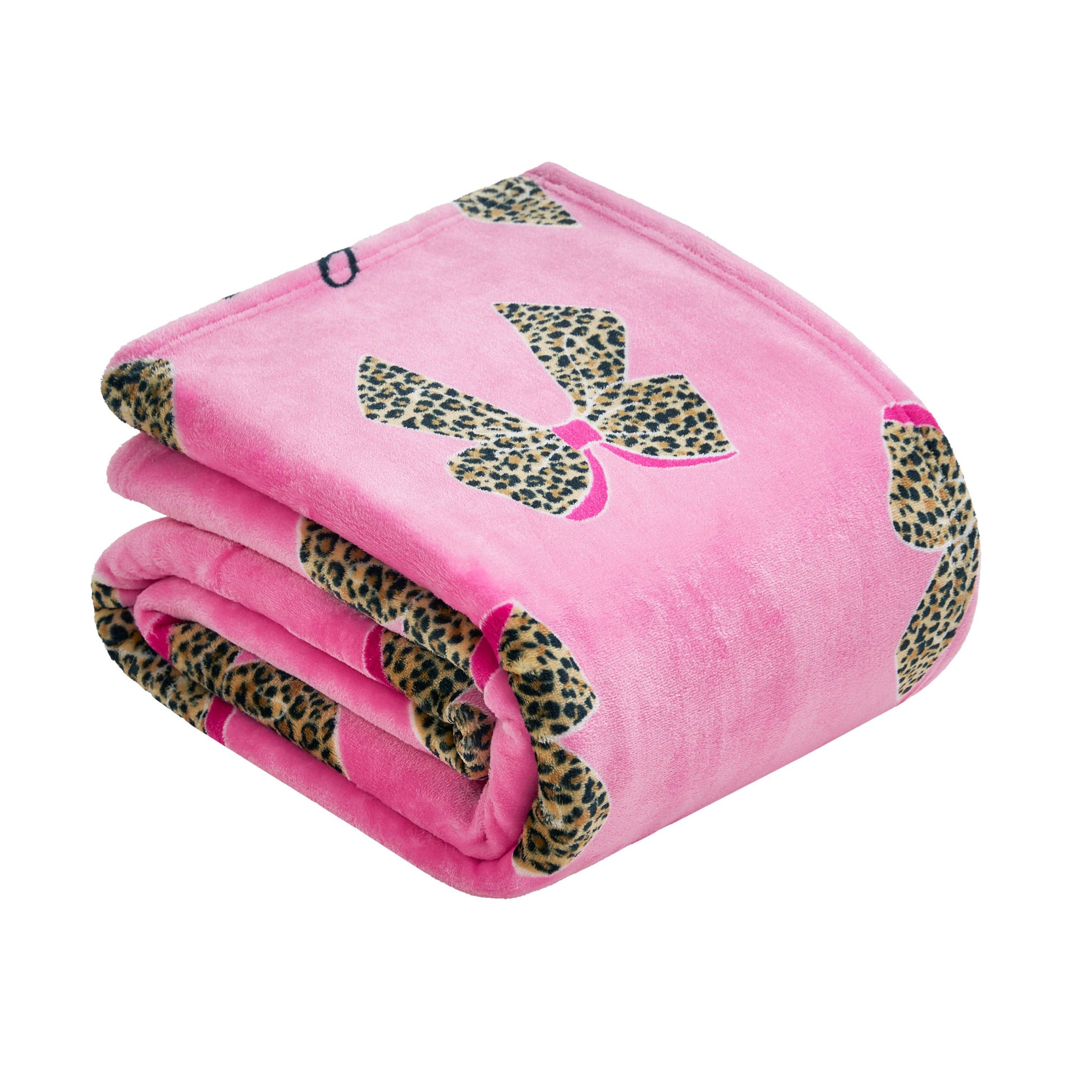 The Plush Oversized Throw Blanket is a folded pink Juicy Couture piece with large leopard print bows and small pink accents—an ultra-soft blanket ideal for cozying up in style.