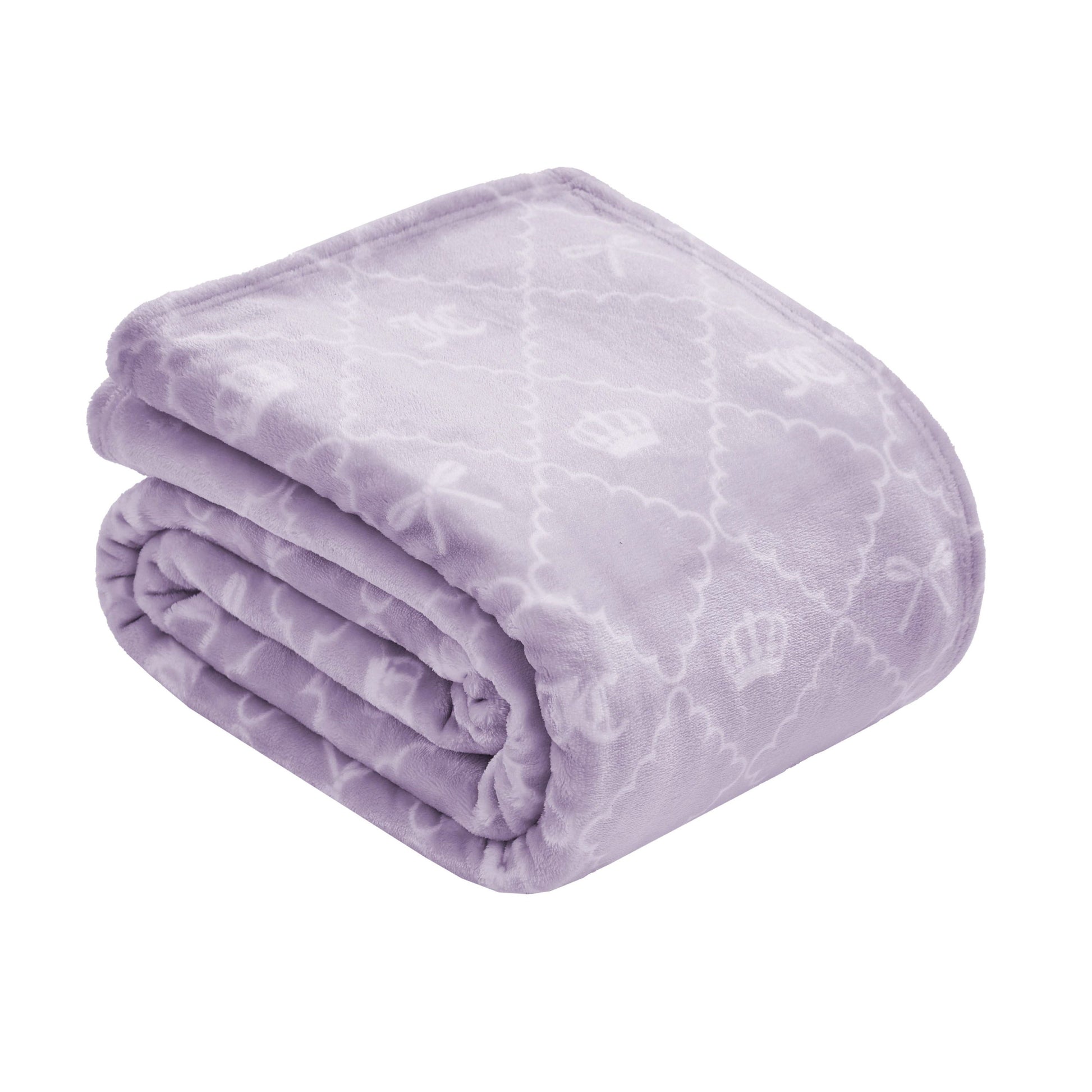 The Plush Oversized Throw Blanket is a soft, folded lavender cover with a subtle quilted pattern of crowns and bows, designed by Juicy Couture.