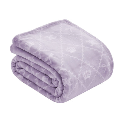The Plush Oversized Throw Blanket is a soft, folded lavender cover with a subtle quilted pattern of crowns and bows, designed by Juicy Couture.