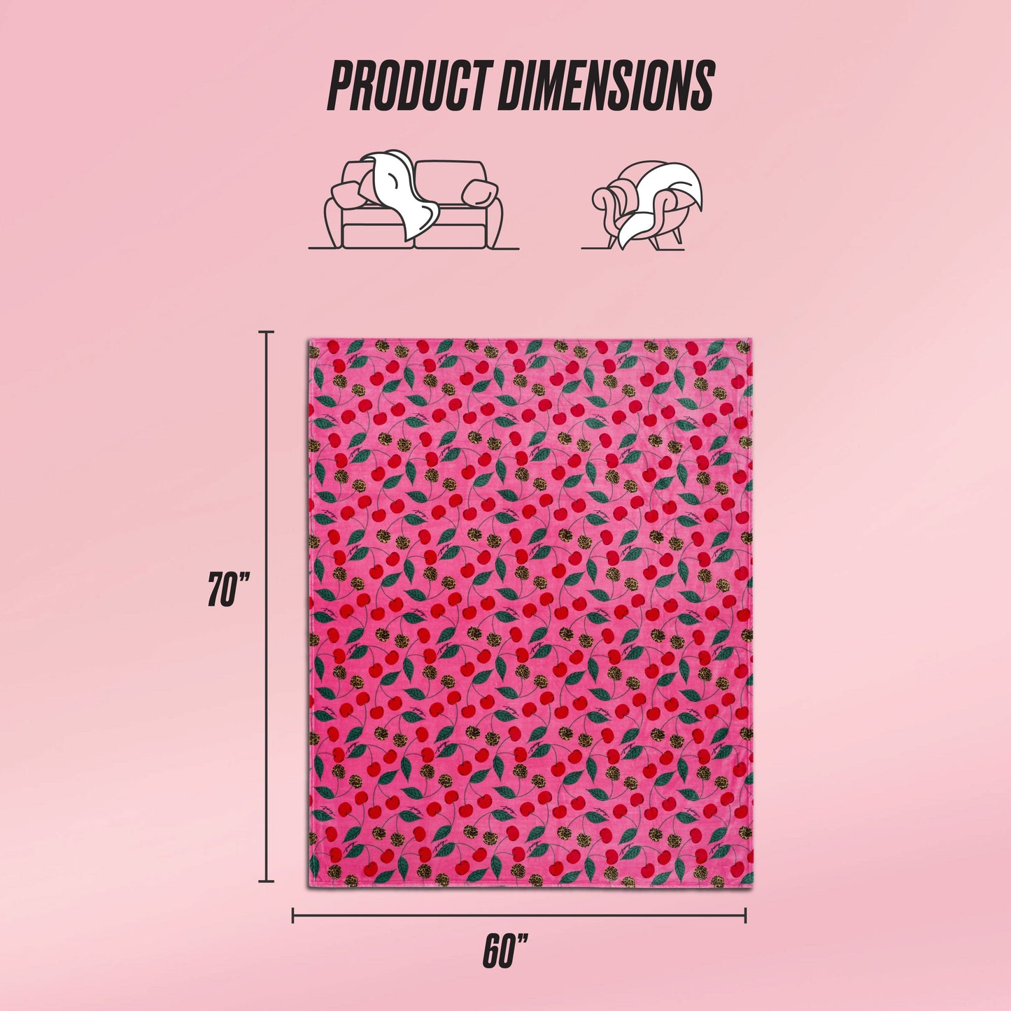 A Plush Oversized Throw Blanket with a pink base and colorful cherry pattern is shown, measuring 70" x 60". Illustrations show the blanket on a couch and wrapped around a person, highlighting the product dimensions.