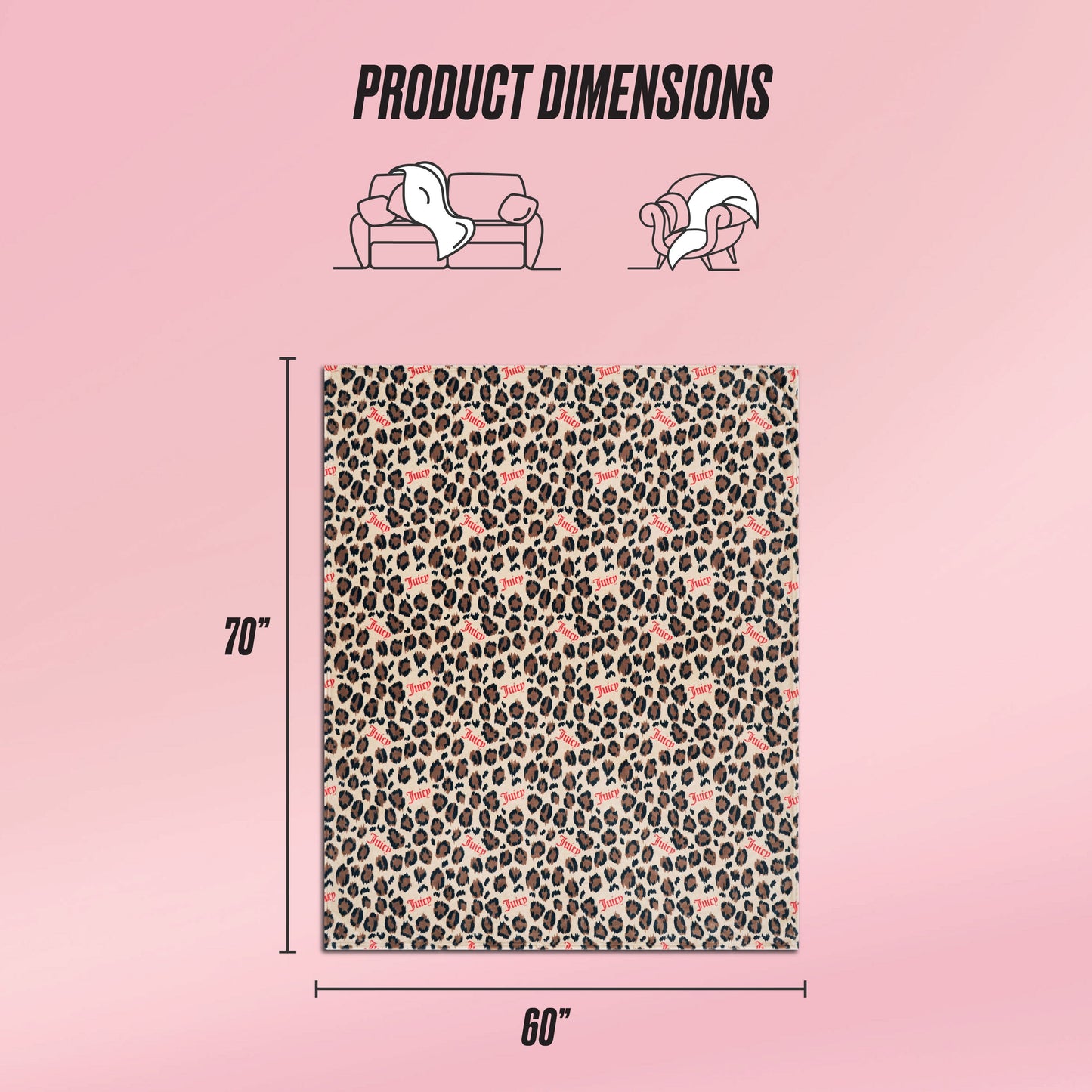 The Plush Oversized Throw Blanket, shown on a pink background, features a leopard and heart print. Measuring 70 x 60 inches, it's perfect for use on a sofa or as a cozy wrap, offering both style and comfort.