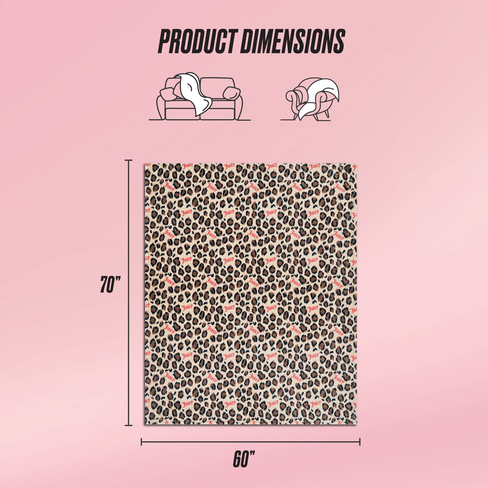 The Plush Oversized Throw Blanket, shown on a pink background, features a leopard and heart print. Measuring 70 x 60 inches, it's perfect for use on a sofa or as a cozy wrap, offering both style and comfort.