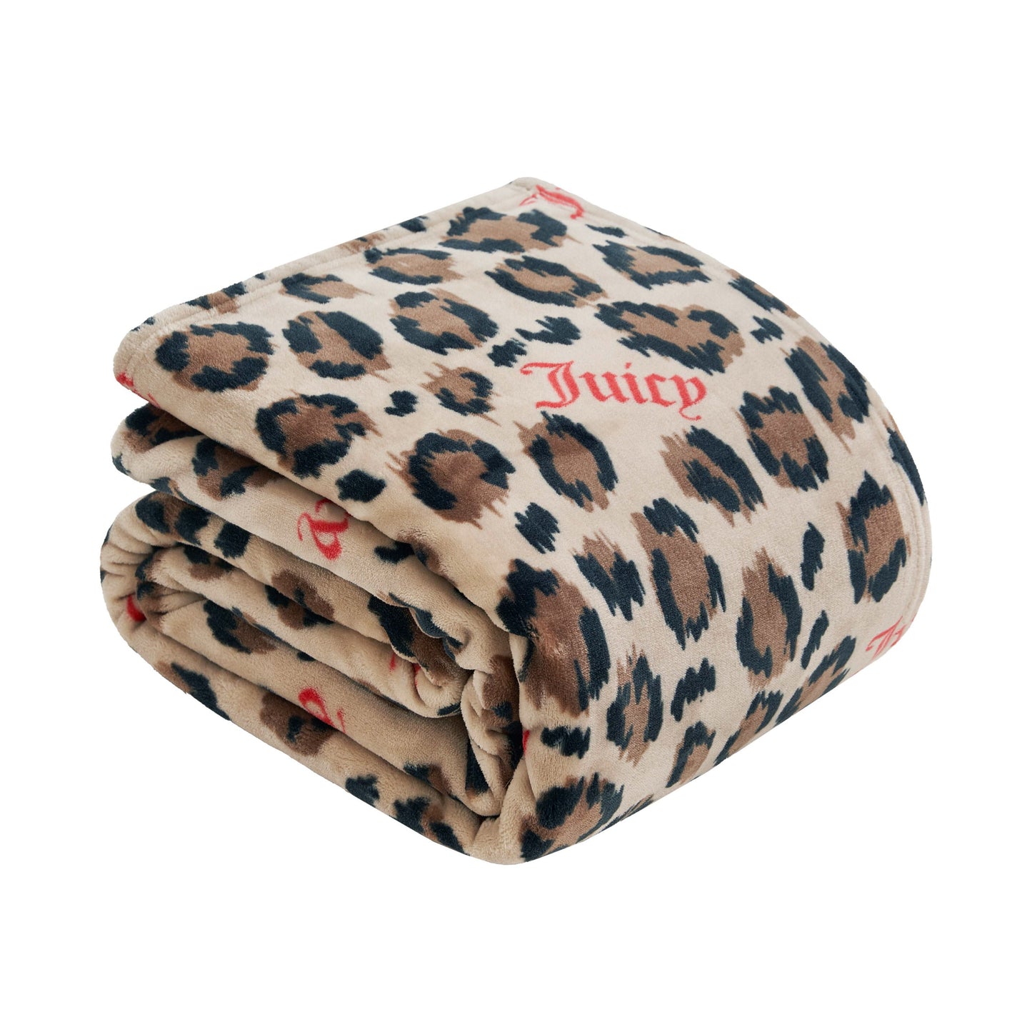 A Plush Oversized Throw Blanket by Juicy Couture, featuring a chic brown, black, and beige leopard print with "Juicy" and red hearts—an ultra-cozy and stylish accent for any space.