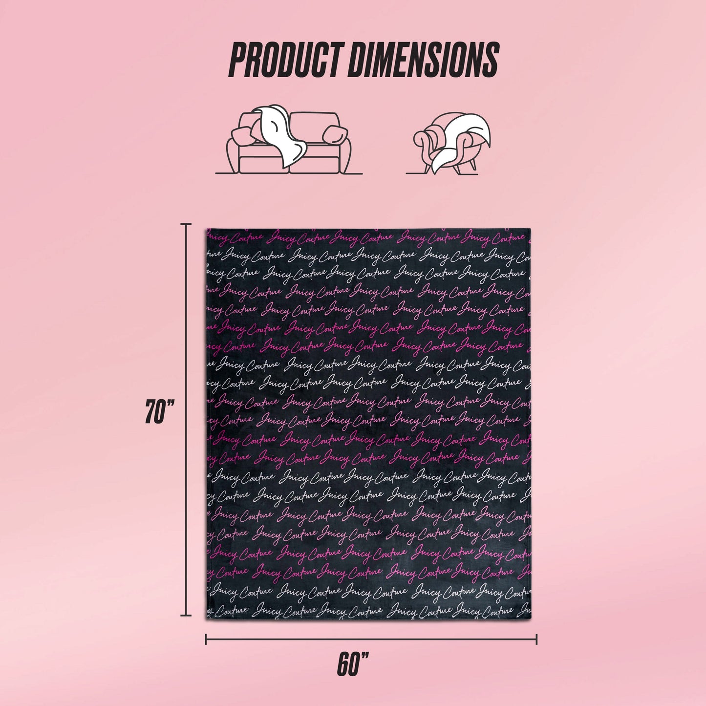 The Plush Oversized Throw Blanket by Juicy Couture, featuring a cursive text pattern, is displayed against a pink background. This ultra-soft rectangular blanket measures 70" x 60" and is ideal for sofas and chairs.