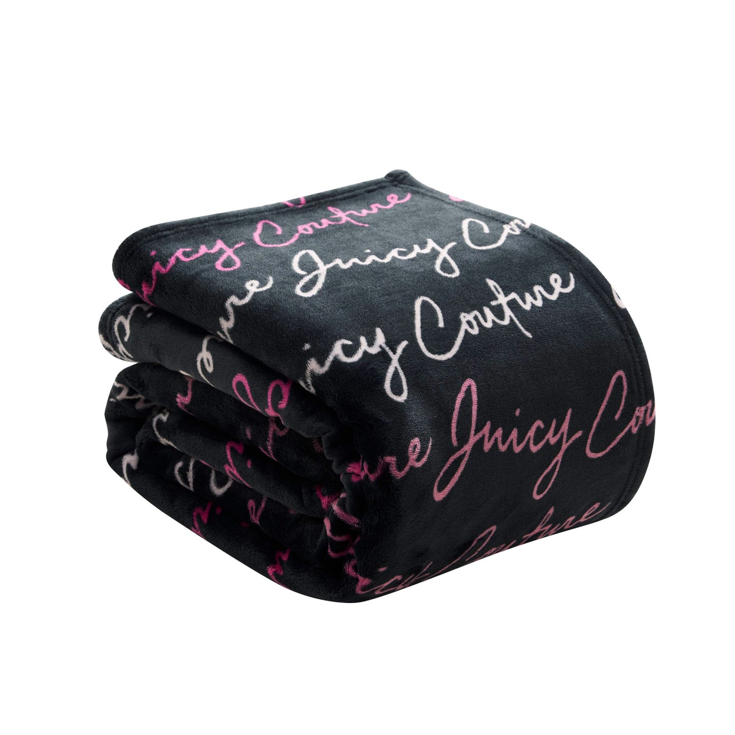 A folded black Plush Oversized Throw Blanket, ultra-soft and plush, featuring "Juicy Couture" repeatedly in white and pink cursive lettering.