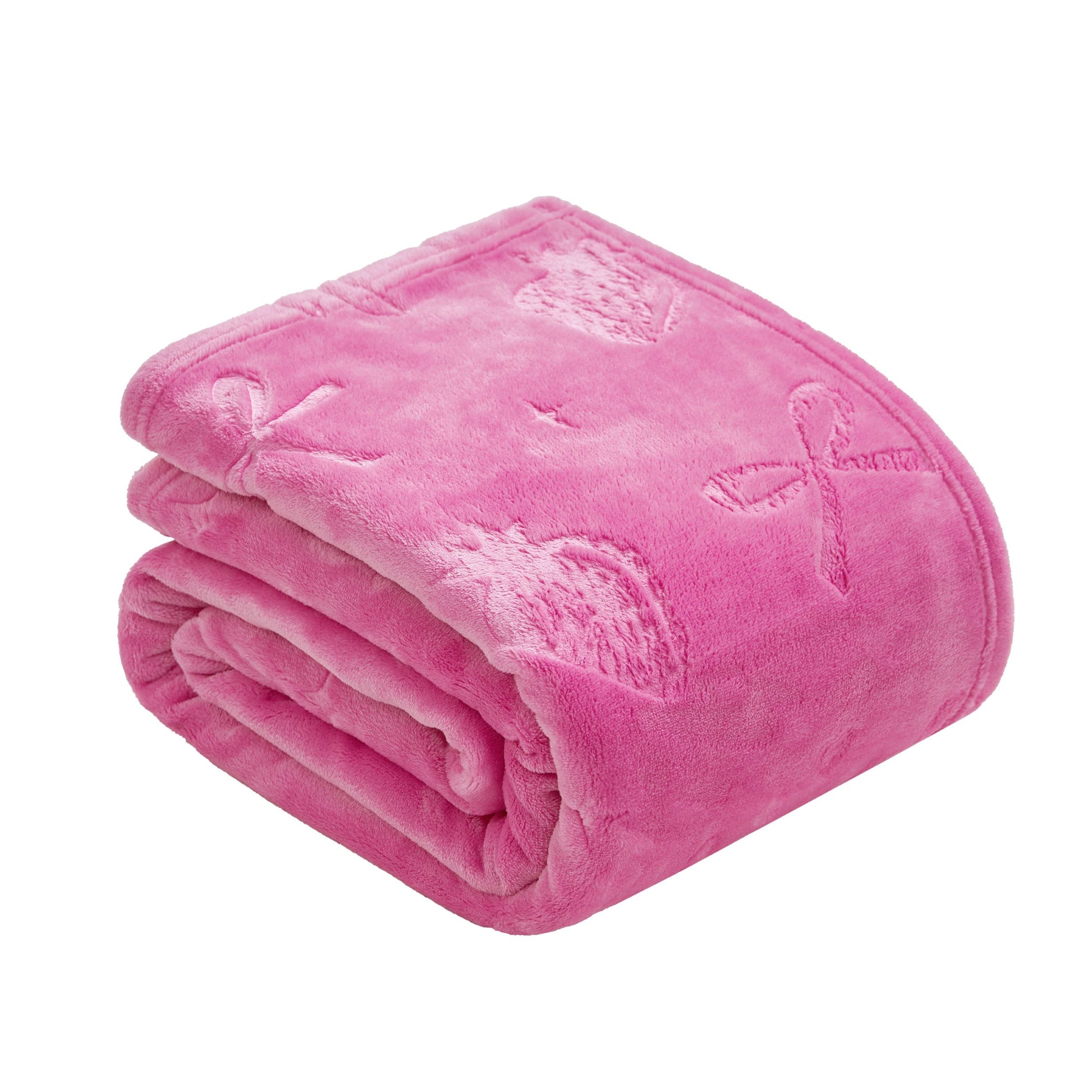 The Embossed Plush Oversized Throw Blanket is a folded, pink throw featuring plush material with embossed heart and awareness ribbon designs.