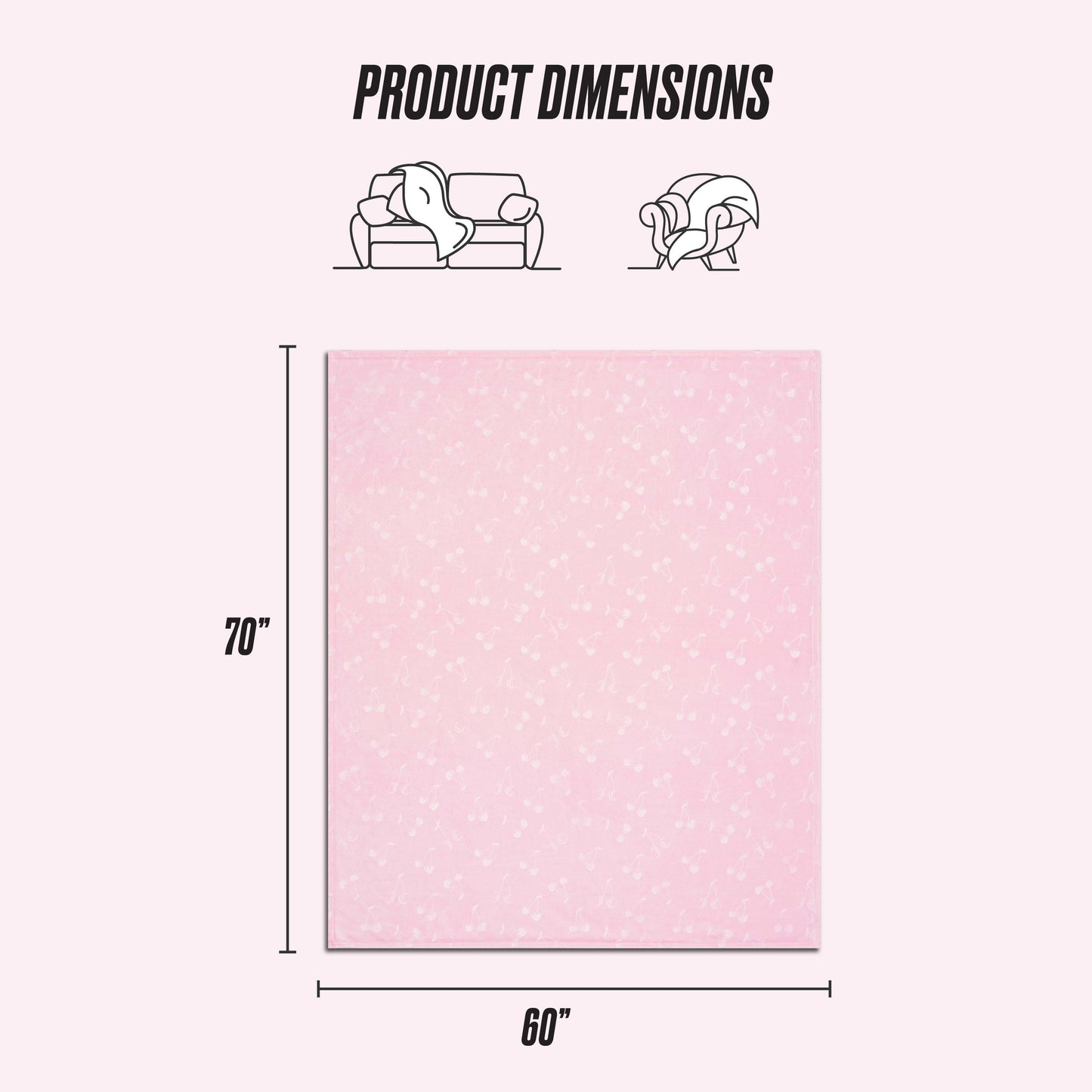 The Embossed Plush Oversized Throw Blanket in pink with a floral pattern is shown, measuring 70" x 60". Icons show it covers a couch or person. Text reads Product Dimensions.