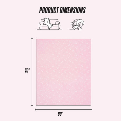 The Embossed Plush Oversized Throw Blanket in pink with a floral pattern is shown, measuring 70" x 60". Icons show it covers a couch or person. Text reads Product Dimensions.