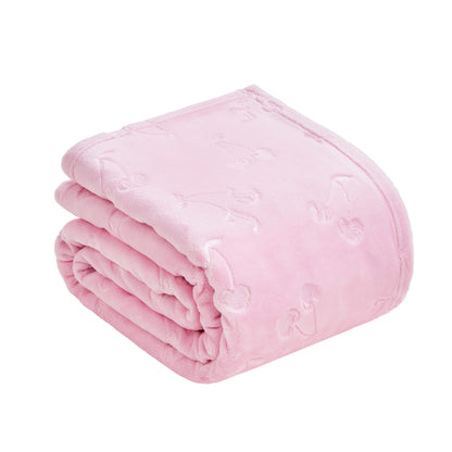 The Embossed Plush Oversized Throw Blanket is shown folded on a white background, featuring a soft pink color and a subtle cherry pattern embossed on its surface.