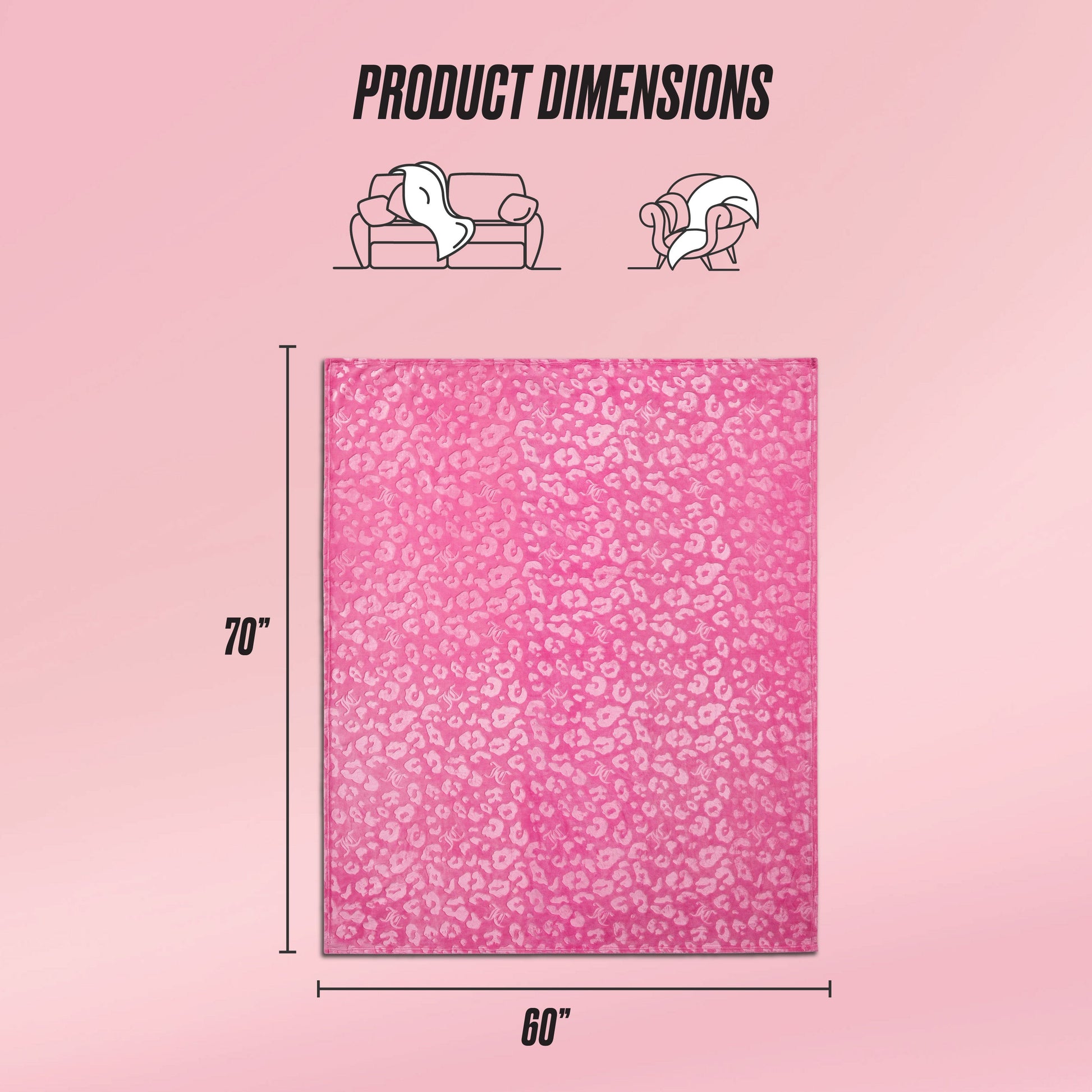A graphic of the Embossed Plush Oversized Throw Blanket in pink leopard print, 70x60 inches. Icons show it as a plush blanket on a couch and as a wrap. The text reads Product Dimensions.