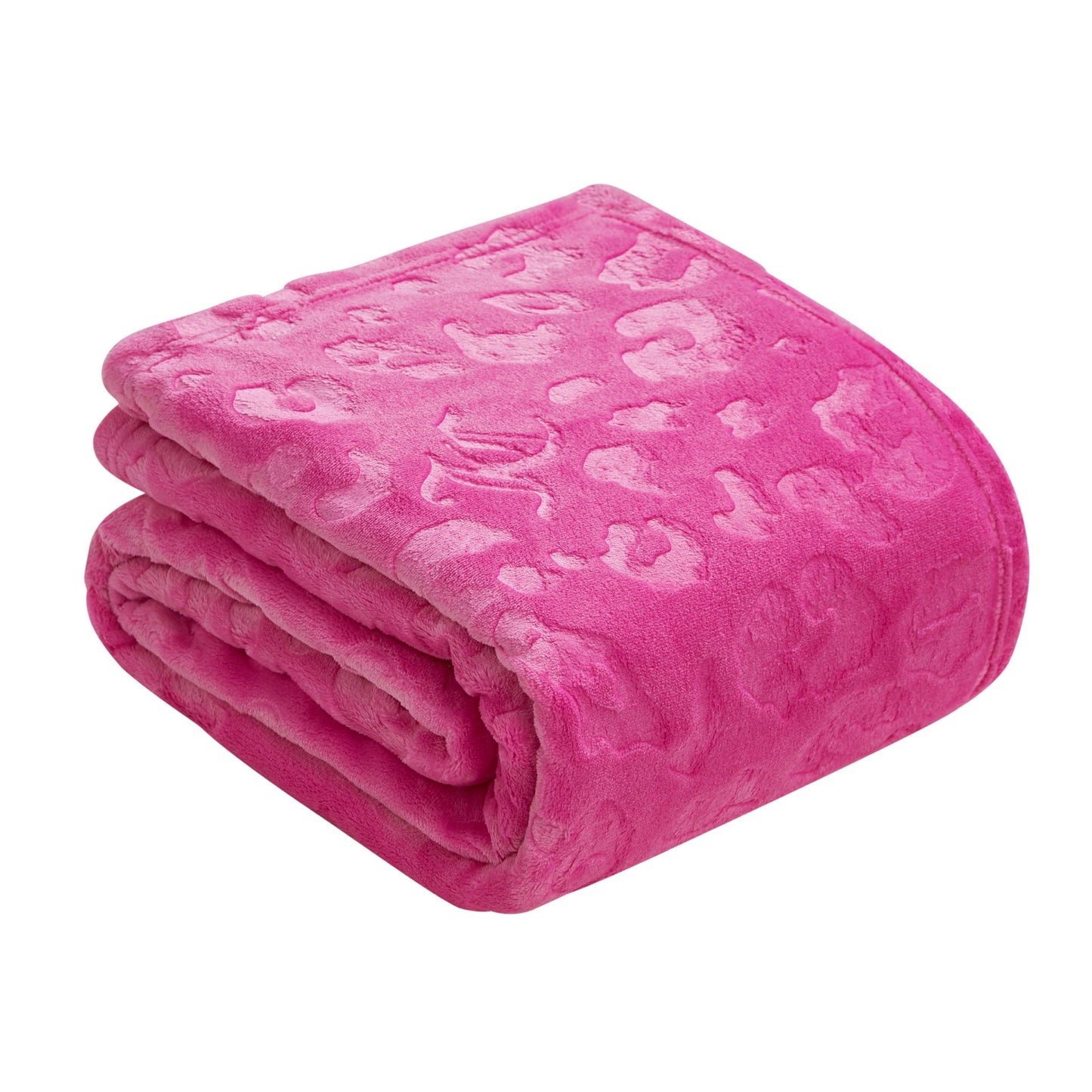 A folded Embossed Plush Oversized Throw Blanket in bright pink, featuring a subtle textured pattern, is displayed on a white background.
