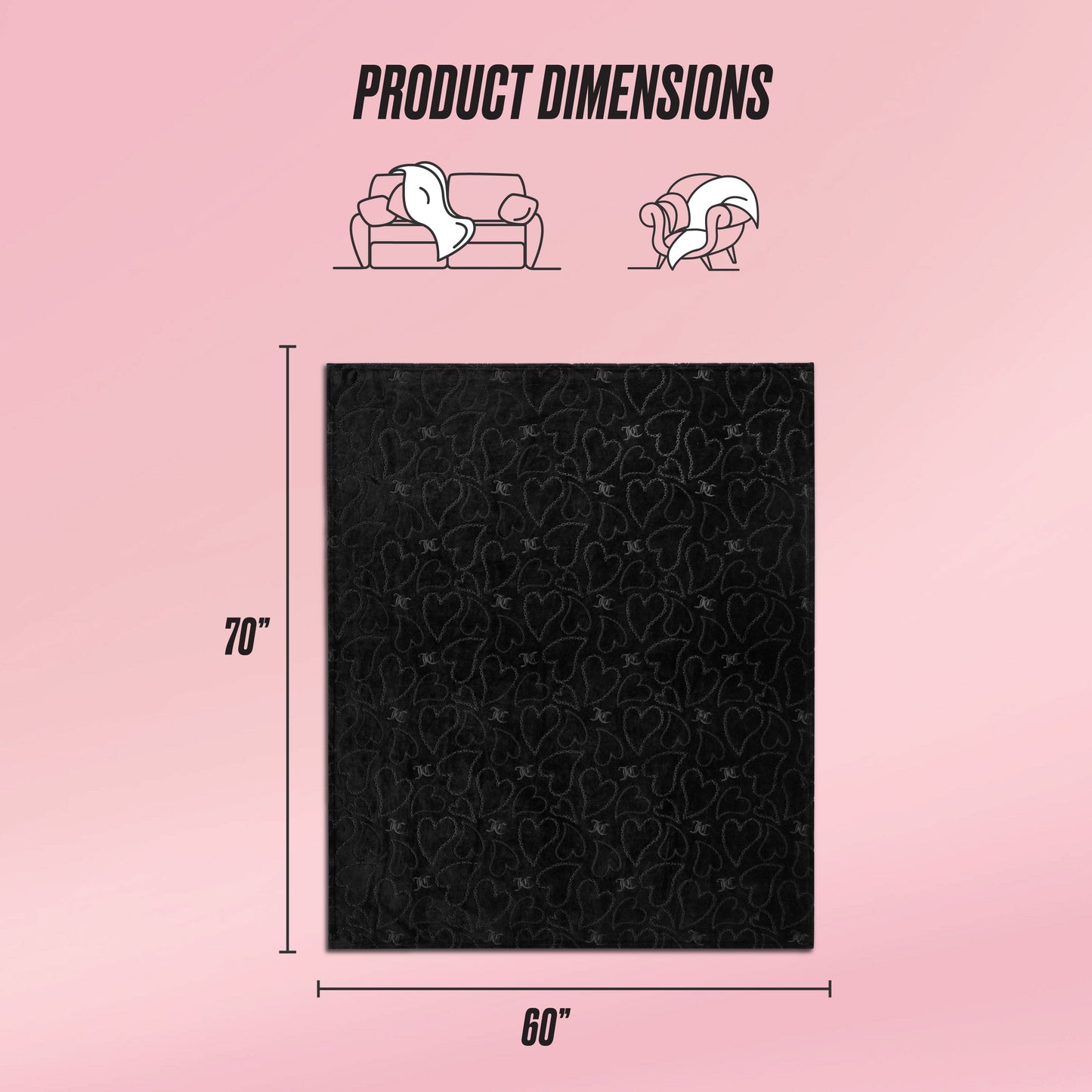 The Embossed Plush Oversized Throw Blanket by Juicy Couture is shown in black with a subtle heart pattern, measuring 70"x60". Versatile for use as a couch cover or wrap, it's displayed on a pink background with Product Dimensions text.