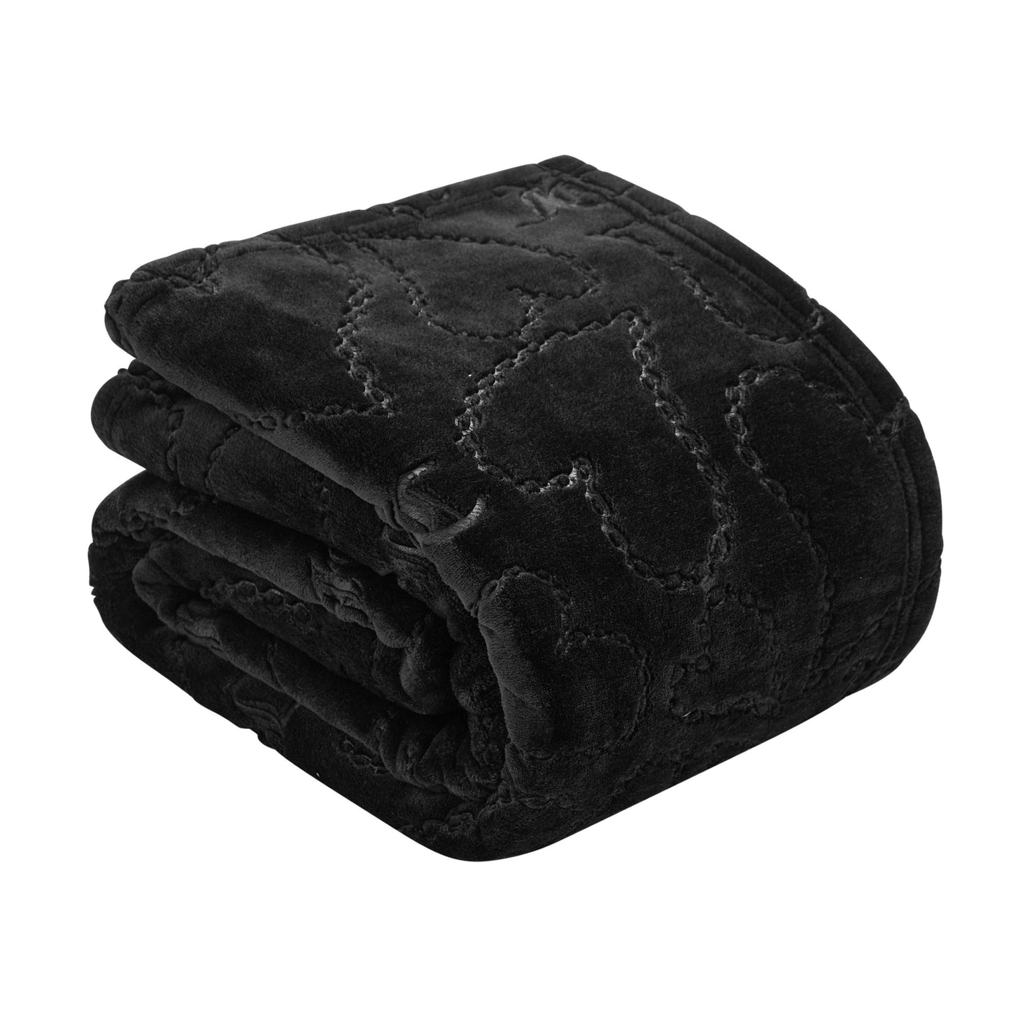 An Embossed Plush Oversized Throw Blanket in black, neatly folded to show its subtle stitched pattern, is displayed against a white background.