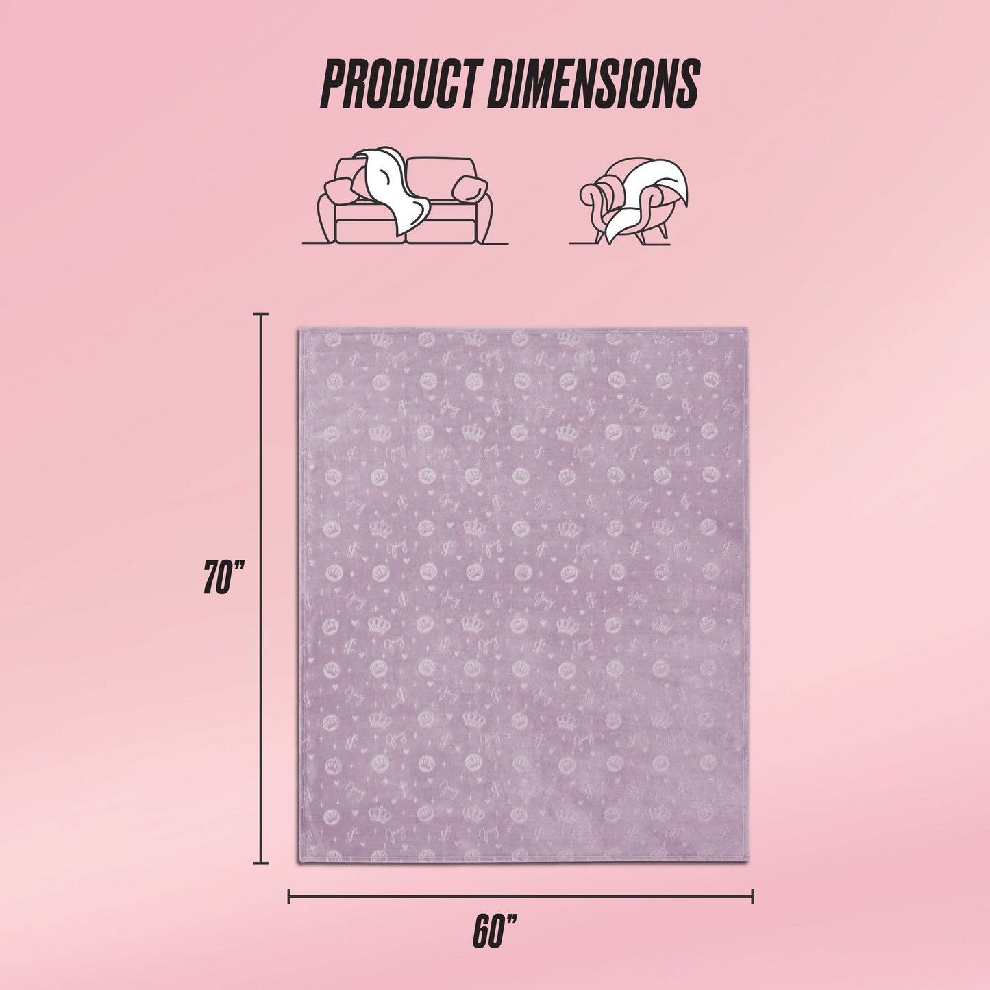 The Embossed Plush Oversized Throw Blanket in lavender, featuring a subtle floral design and measuring 70" x 60", is displayed. Icons indicate its use on sofas and as a cover. The pink background displays "Product Dimensions" at the top.