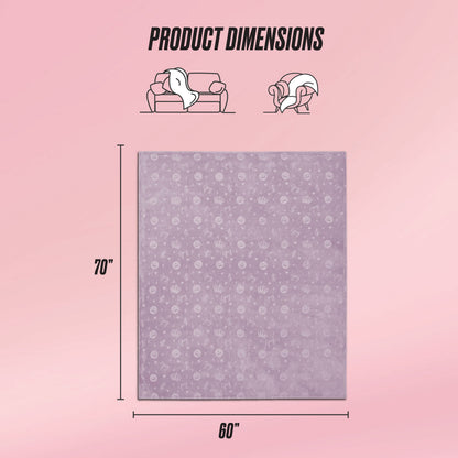 The Embossed Plush Oversized Throw Blanket in lavender, featuring a subtle floral design and measuring 70" x 60", is displayed. Icons indicate its use on sofas and as a cover. The pink background displays "Product Dimensions" at the top.