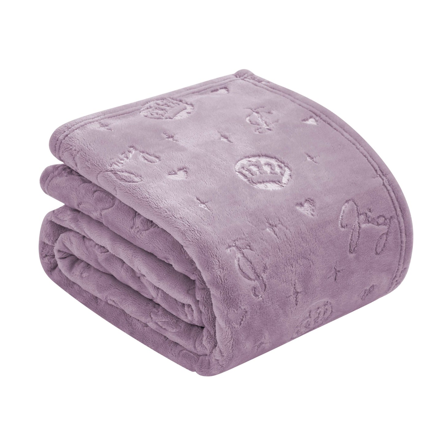 The Embossed Plush Oversized Throw Blanket by Juicy Couture is a velvety soft, purple throw with a subtle embossed pattern of stars, hearts, and small shapes—perfect for cozying up in style.