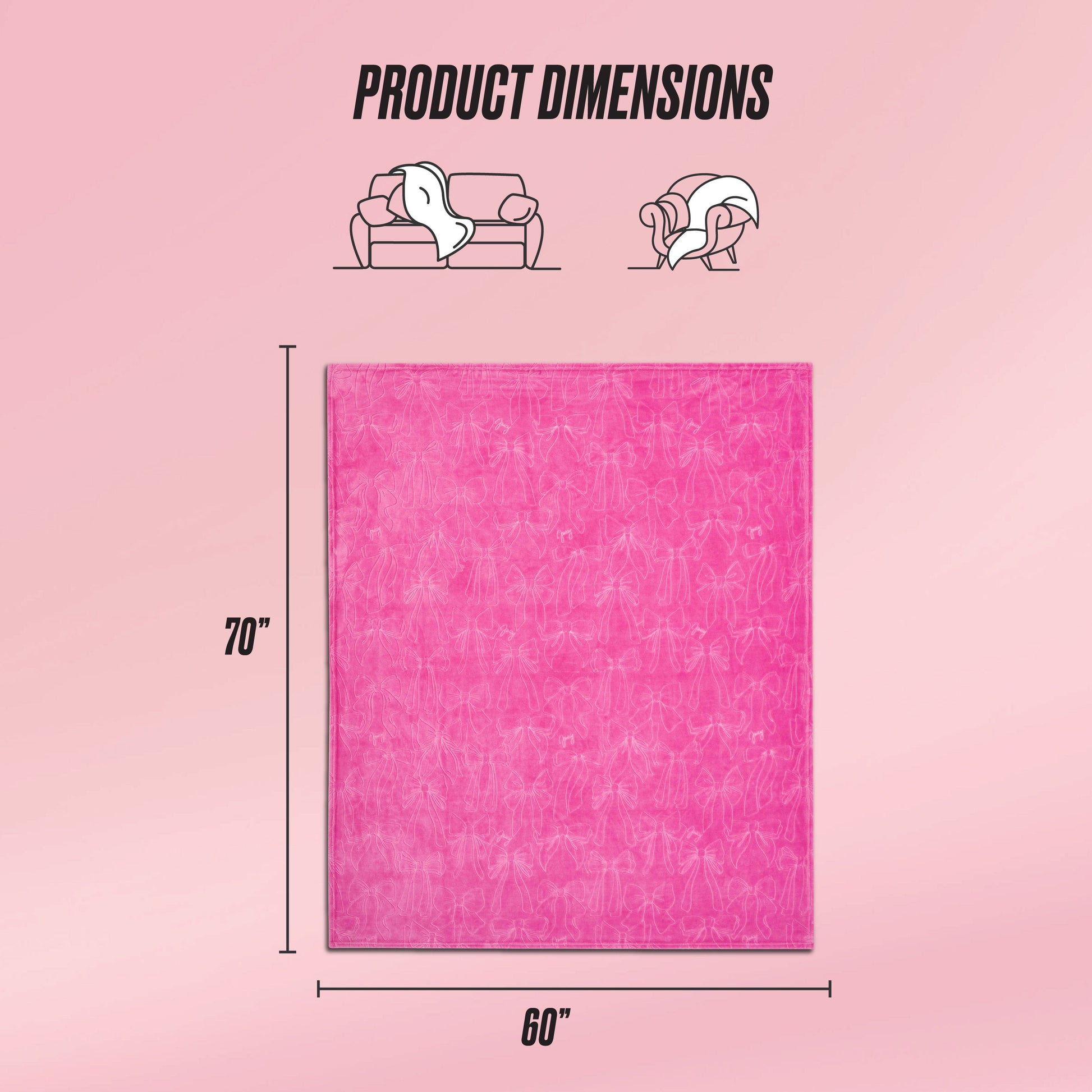 The Embossed Plush Oversized Throw Blanket by Juicy Couture, sized 70x60 inches, is shown on a pink background. Icons above show its use on a sofa or as a wrap. Text reads Product Dimensions.