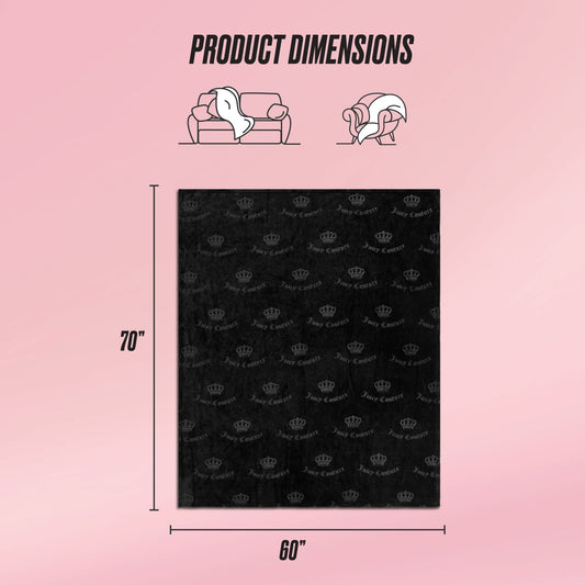 A graphic displays the Embossed Plush Oversized Throw Blanket by Juicy Couture in black with a crown pattern, measuring 70" x 60". Above are icons of someone on a couch and another wrapped in the soft blanket. Text: Product Dimensions.