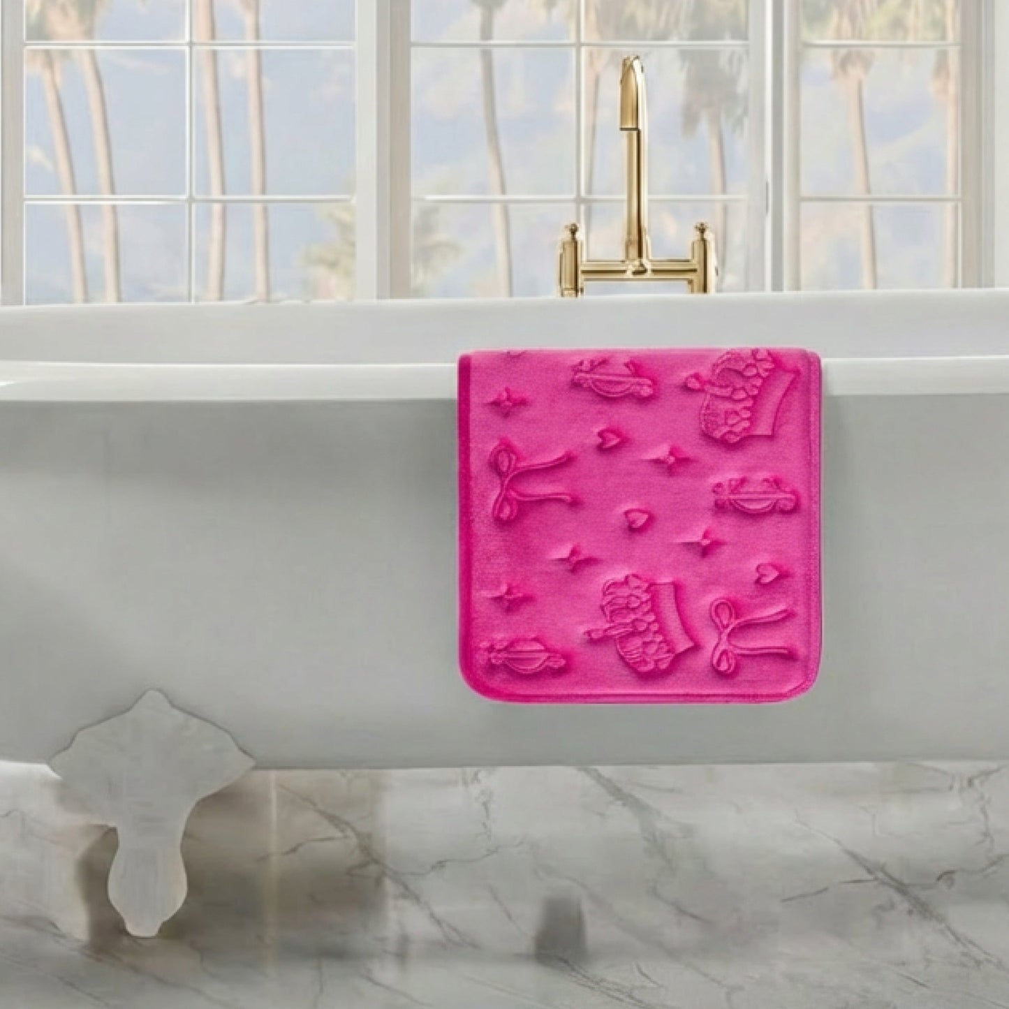 A bright pink towel with embossed patterns hangs over a white clawfoot tub in a modern bathroom with marble floors, a Quilted Memory Foam Bath Mat, a gold faucet, and large windows framing palm trees outside.