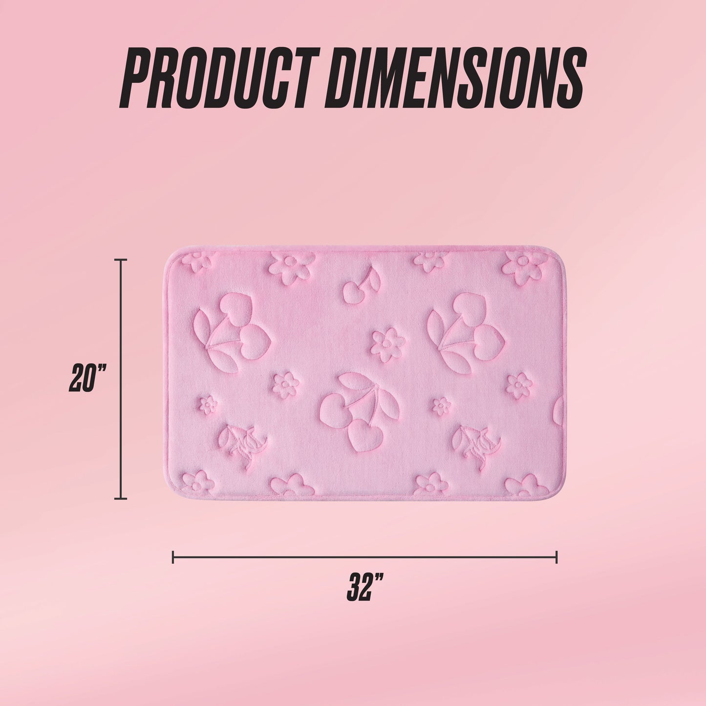 A rectangular Quilted Memory Foam Bath Mat in pink, featuring embossed floral and cherry designs and skid resistance, is shown. It measures 20" x 32". The background has a light pink gradient with Product Dimensions displayed above.