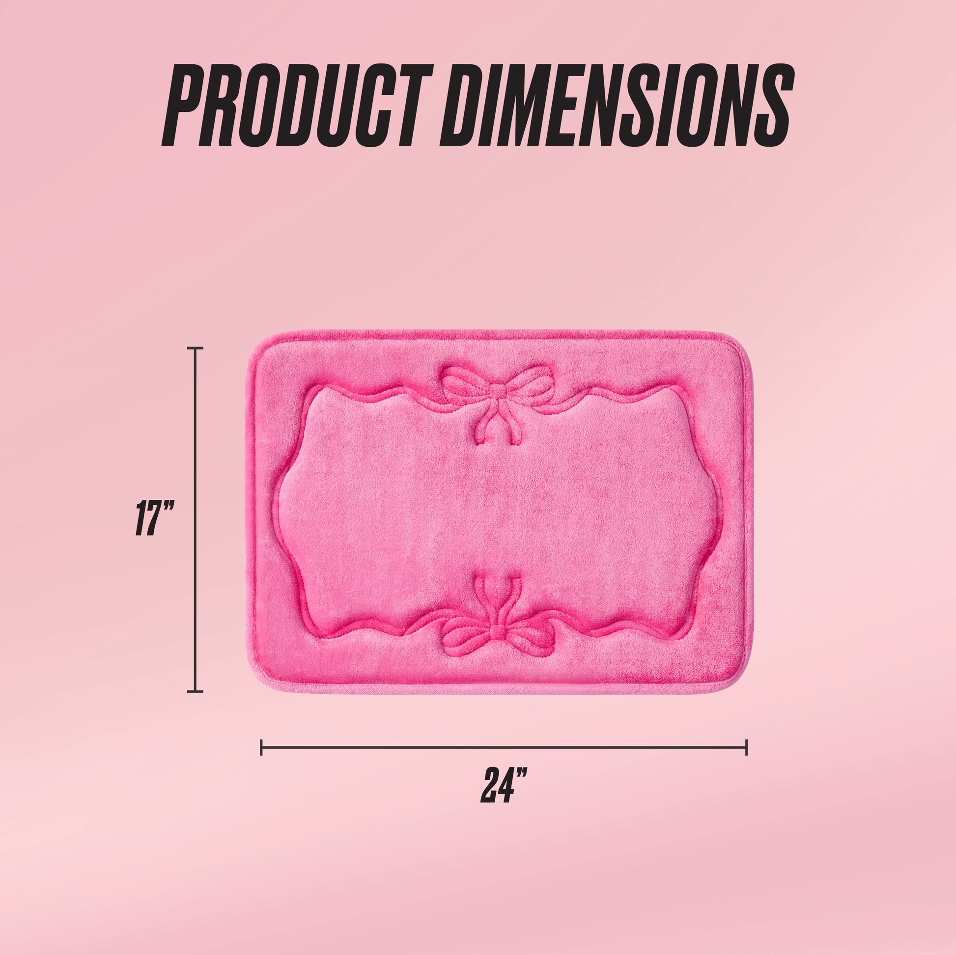 A pink Quilted Memory Foam Bath Mat, 17" x 24", with decorative bows and ornate borders, is shown on a pink gradient background with "PRODUCT DIMENSIONS" displayed above.