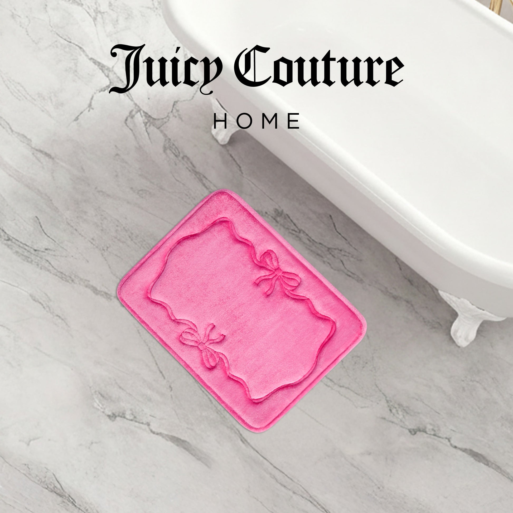 A pink Quilted Memory Foam Bath Mat (17" x 24") with decorative bows sits on a marble floor next to a white clawfoot tub, adding elegance. "Juicy Couture Home" appears at the top of the image.