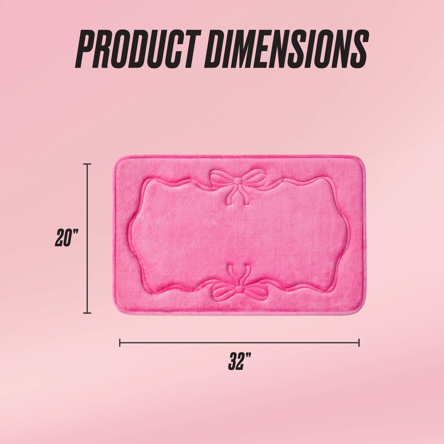 The Quilted Memory Foam Bath Mat, 20" x 32", in pink features decorative bow patterns and a rectangular, quilted design. It is displayed on a pink gradient background with "Product Dimensions" shown above.