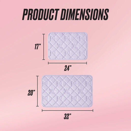 Two Juicy Couture Quilted Memory Foam Bath Mats in a 2-piece set are shown with sizes 17" x 24" and 20" x 32". "Product Dimensions" is highlighted at the top against a pink background.