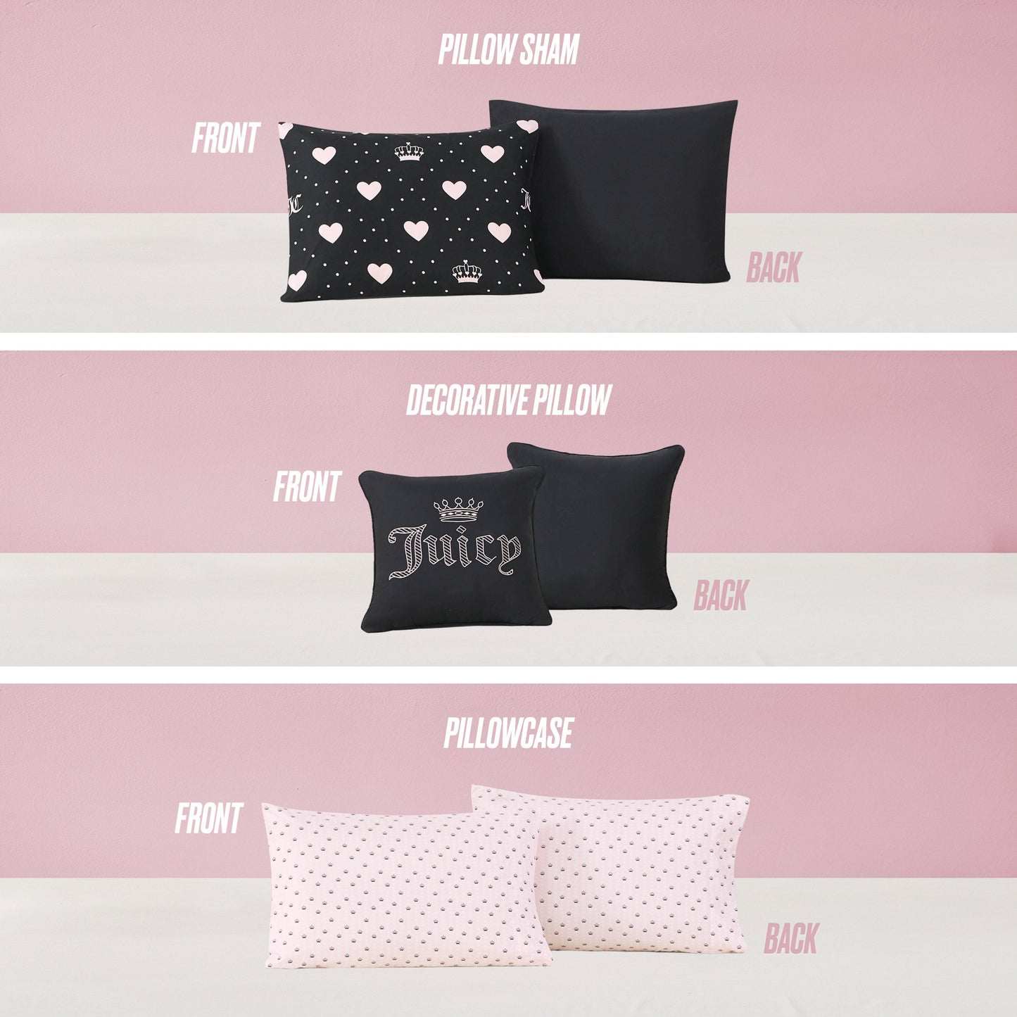 Image features three pillows—a heart-pattern sham with black back, a Juicy crown decorative pillow, and a polka dot case—stylish accents for the Diamond Hearts Black Comforter Bed in a Bag Bedding Set.