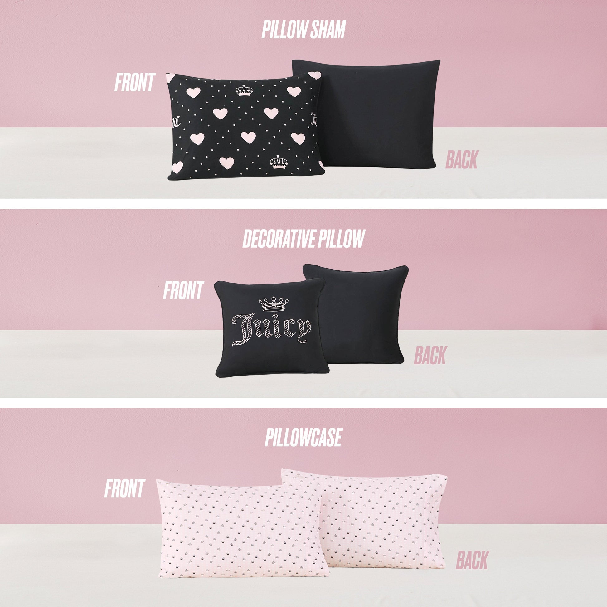 Image features three pillows—a heart-pattern sham with black back, a Juicy crown decorative pillow, and a polka dot case—stylish accents for the Diamond Hearts Black Comforter Bed in a Bag Bedding Set.