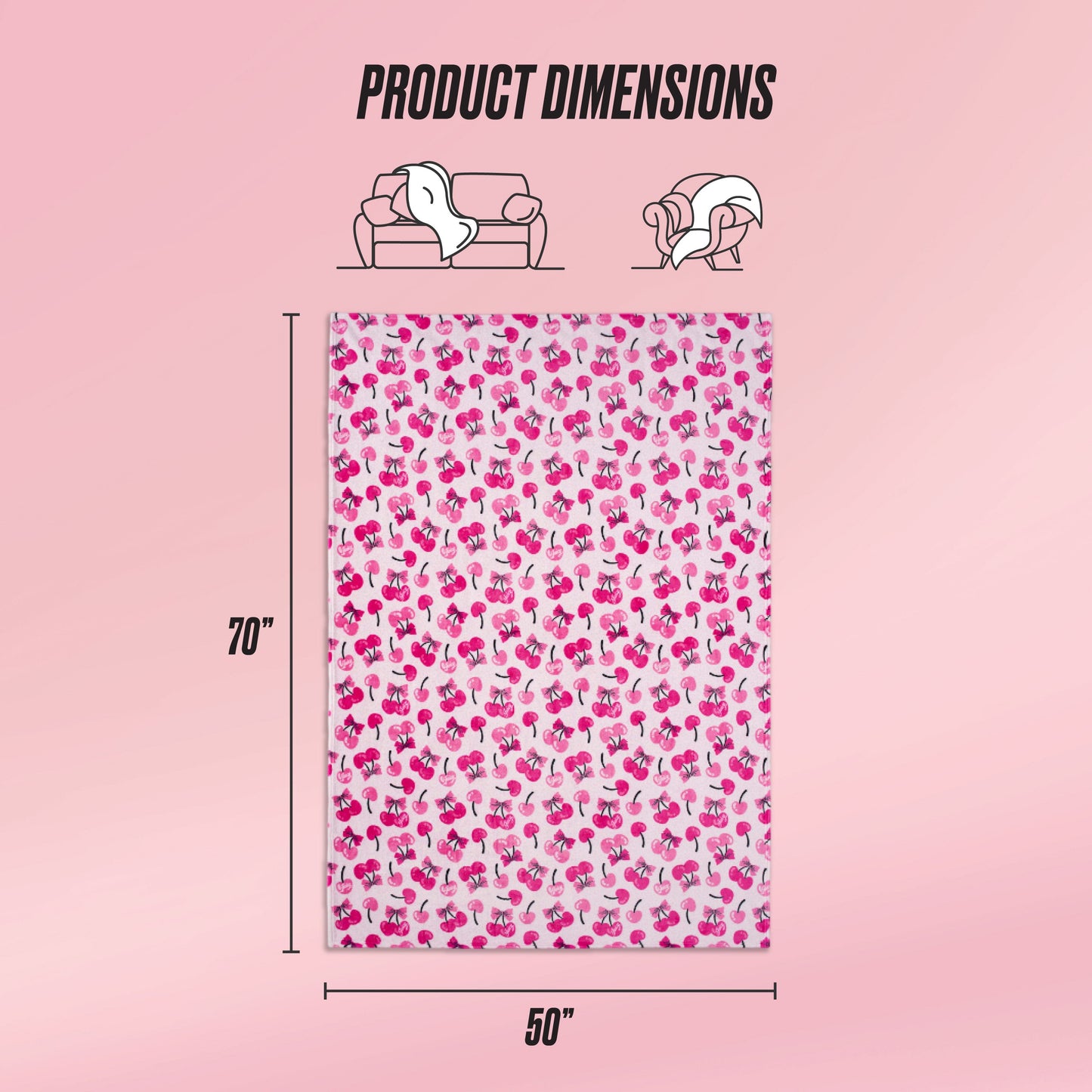 A pink and white Kids Plush Throw Blanket with flamingo patterns is displayed, measuring 70 x 50 inches. Icons show the ultra-soft blanket on a sofa and with a person. Text reads: "Product Dimensions.