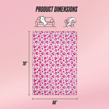 A pink and white Kids Plush Throw Blanket with flamingo patterns is displayed, measuring 70 x 50 inches. Icons show the ultra-soft blanket on a sofa and with a person. Text reads: "Product Dimensions.