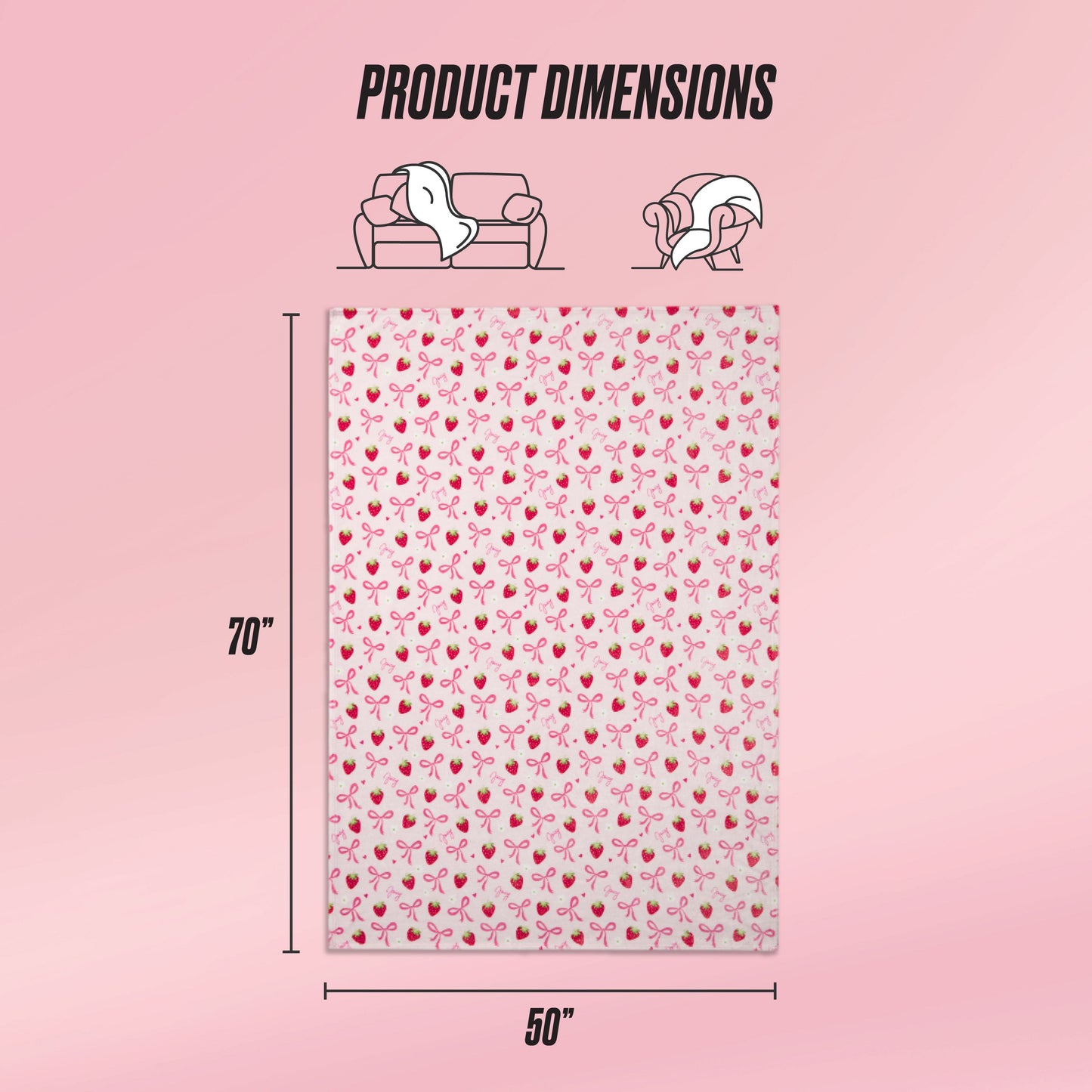 A Kids Plush Throw Blanket by Juicy Couture features a pink cherry pattern and measures 70x50 inches. Icons indicate sofa and wearable uses, while a soft pink gradient background highlights the ultra-soft plush texture. Text: Product Dimensions.