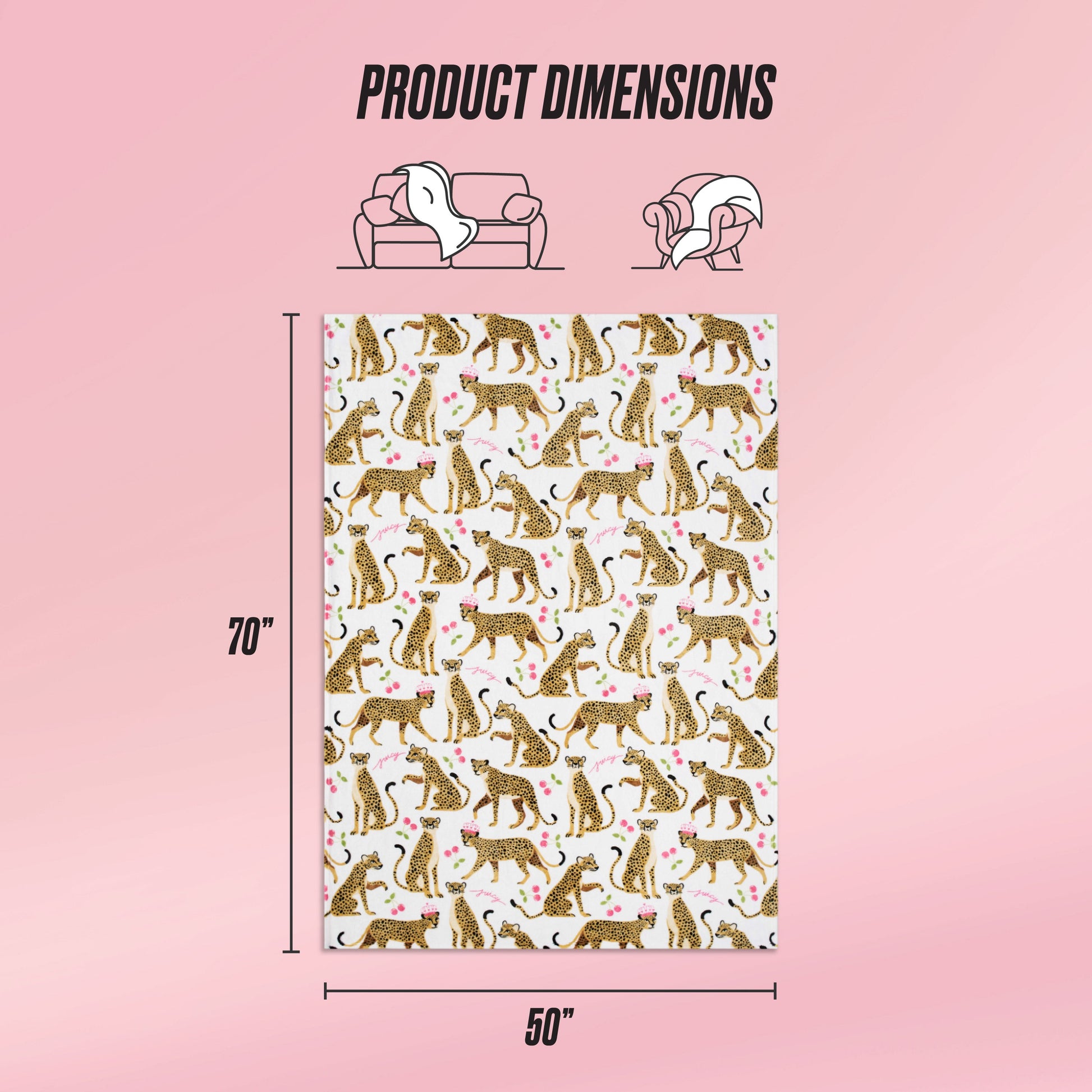 The Kids Plush Throw Blanket, measuring 70x50 inches, features illustrated cheetahs and pink hearts. Icons show its ultra-soft use on a sofa and wrapped around a person. Text highlights: PRODUCT DIMENSIONS.