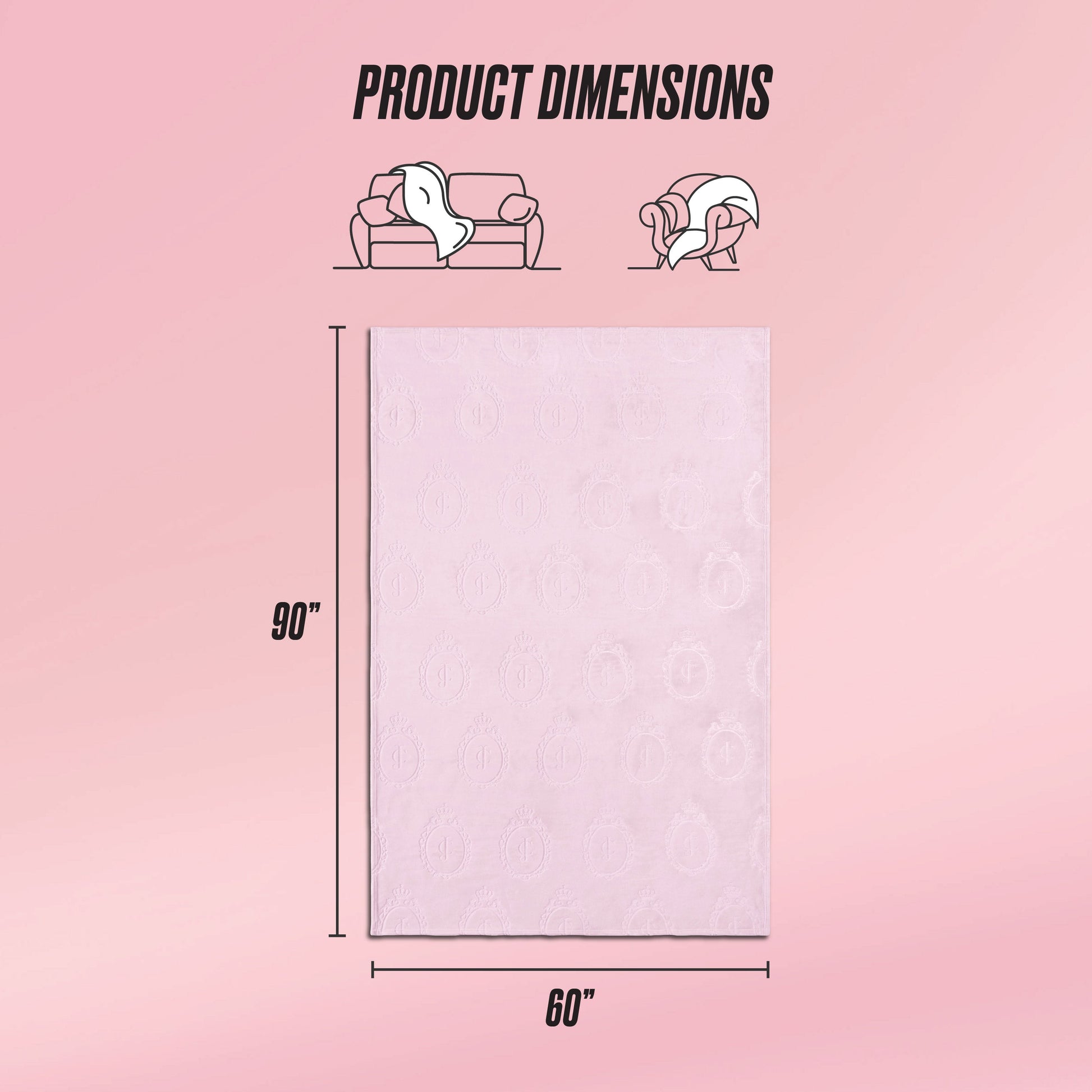 The Plush Oversized Throw Blanket, 60" x 90", is shown in light pink. Illustrations above display its use on a twin bed, sofa, and as a wrap. A gradient pink background completes the scene.