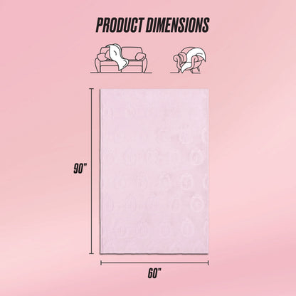 The Plush Oversized Throw Blanket, 60" x 90", is shown in light pink. Illustrations above display its use on a twin bed, sofa, and as a wrap. A gradient pink background completes the scene.