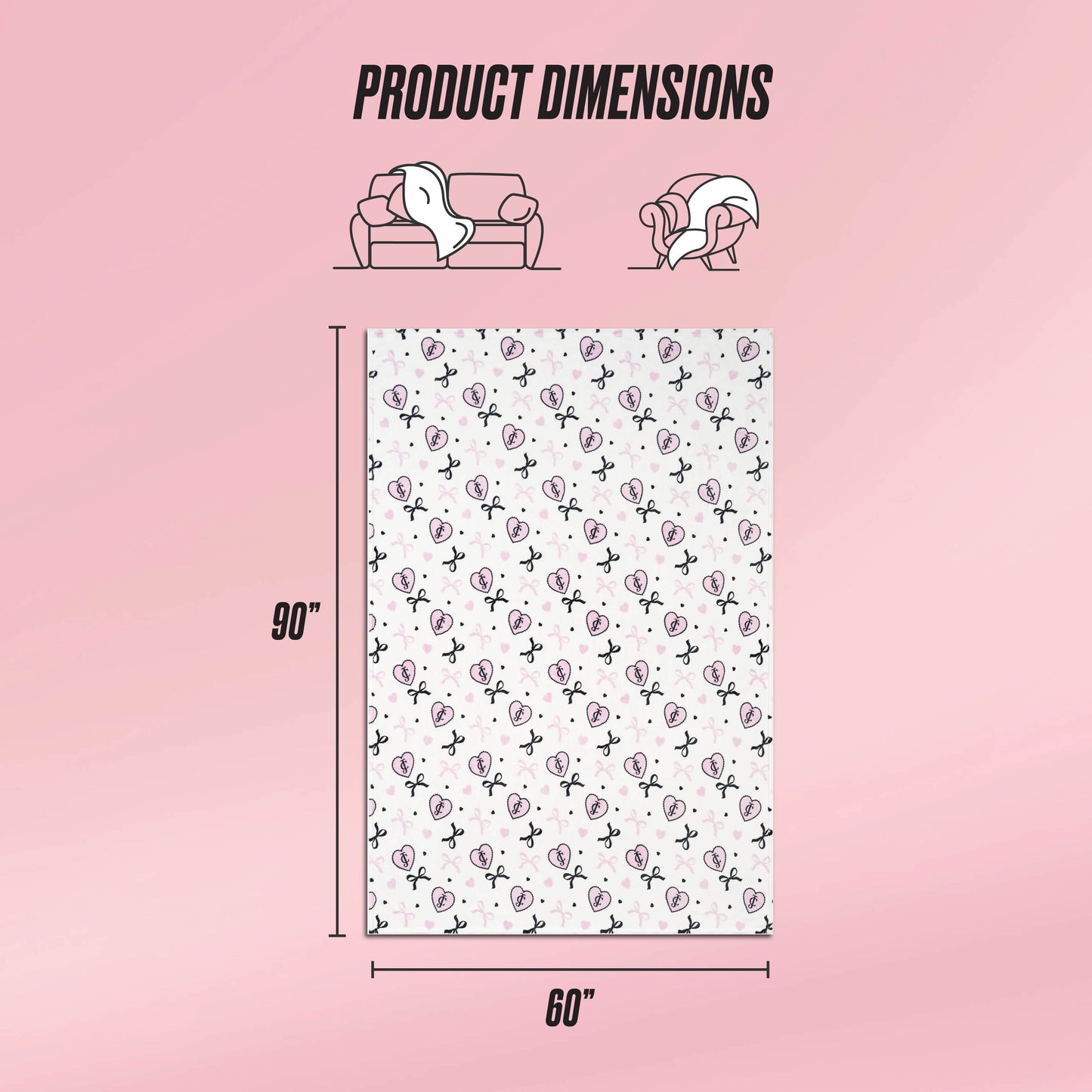 A graphic displays the Plush Oversized Throw Blanket (90"x60") on a pink background. Above, illustrations show its ultra-soft texture as it covers a couch and person. The blanket features a white base with repeating black and pink designs.