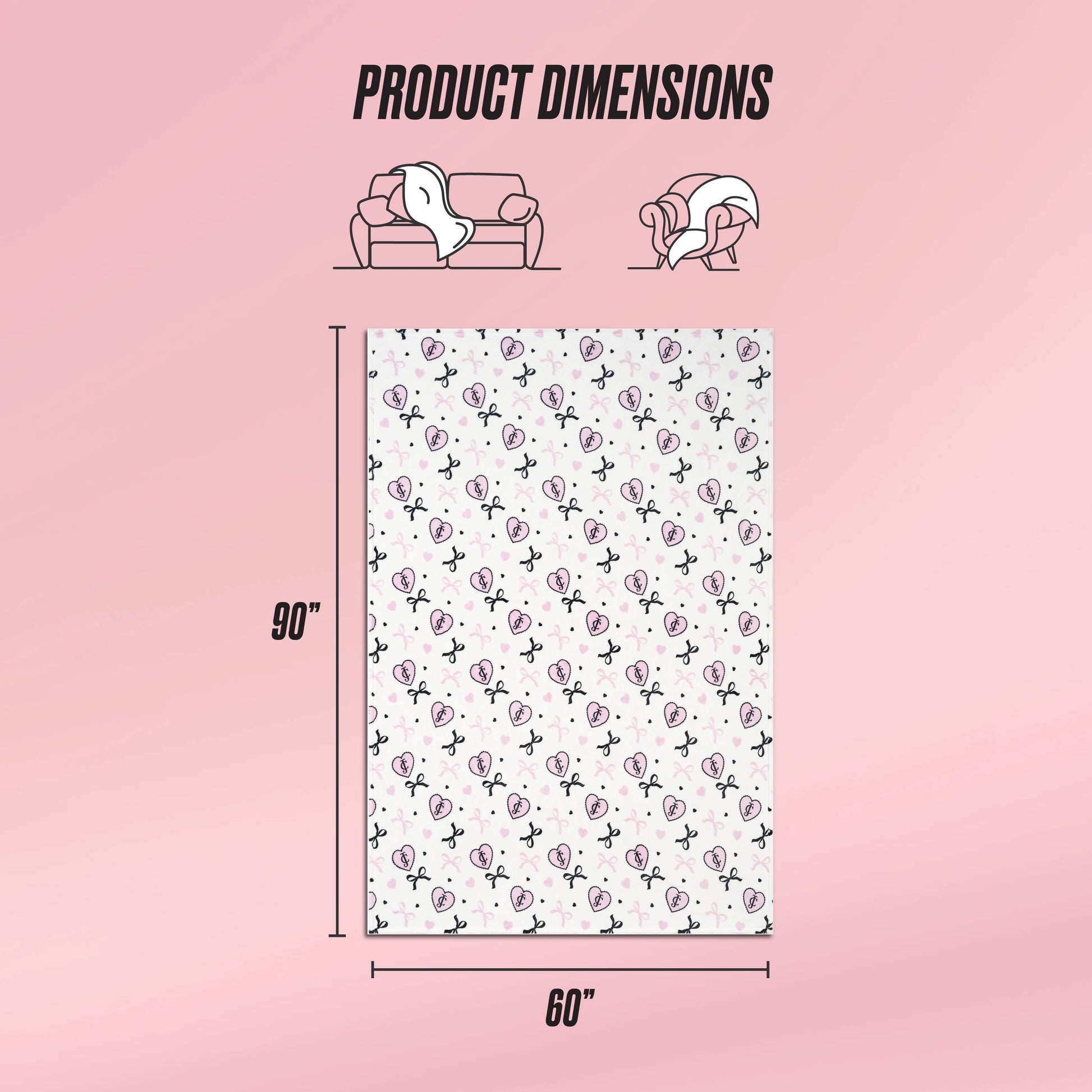 A graphic displays the Plush Oversized Throw Blanket (90"x60") on a pink background. Above, illustrations show its ultra-soft texture as it covers a couch and person. The blanket features a white base with repeating black and pink designs.