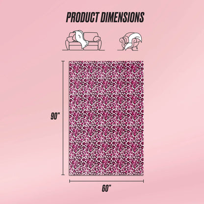 A pink and black leopard print Plush Oversized Throw Blanket, measuring 90 x 60 inches, is shown draped over a couch and person, with icons illustrating its size and "Product Dimensions" text above the image.