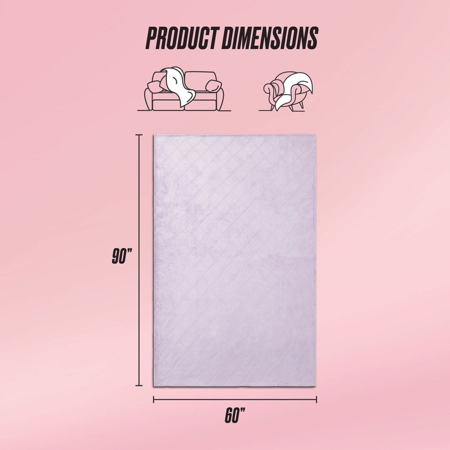 The Plush Oversized Throw Blanket, 60" x 90", is pictured on a pink background with icons of a sofa and person using the blanket, plus "Product Dimensions" text above.