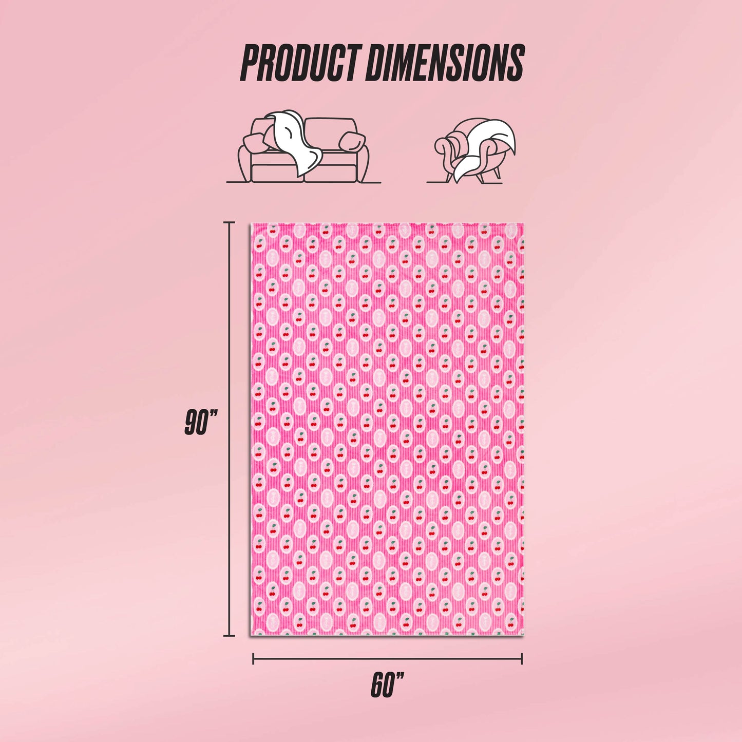 The Plush Oversized Throw Blanket is displayed upright, showing its pink color with a repeating white and red pattern. Measuring 90 x 60 inches, this ultra-soft blanket appears next to couch and person icons for scale under Product Dimensions.