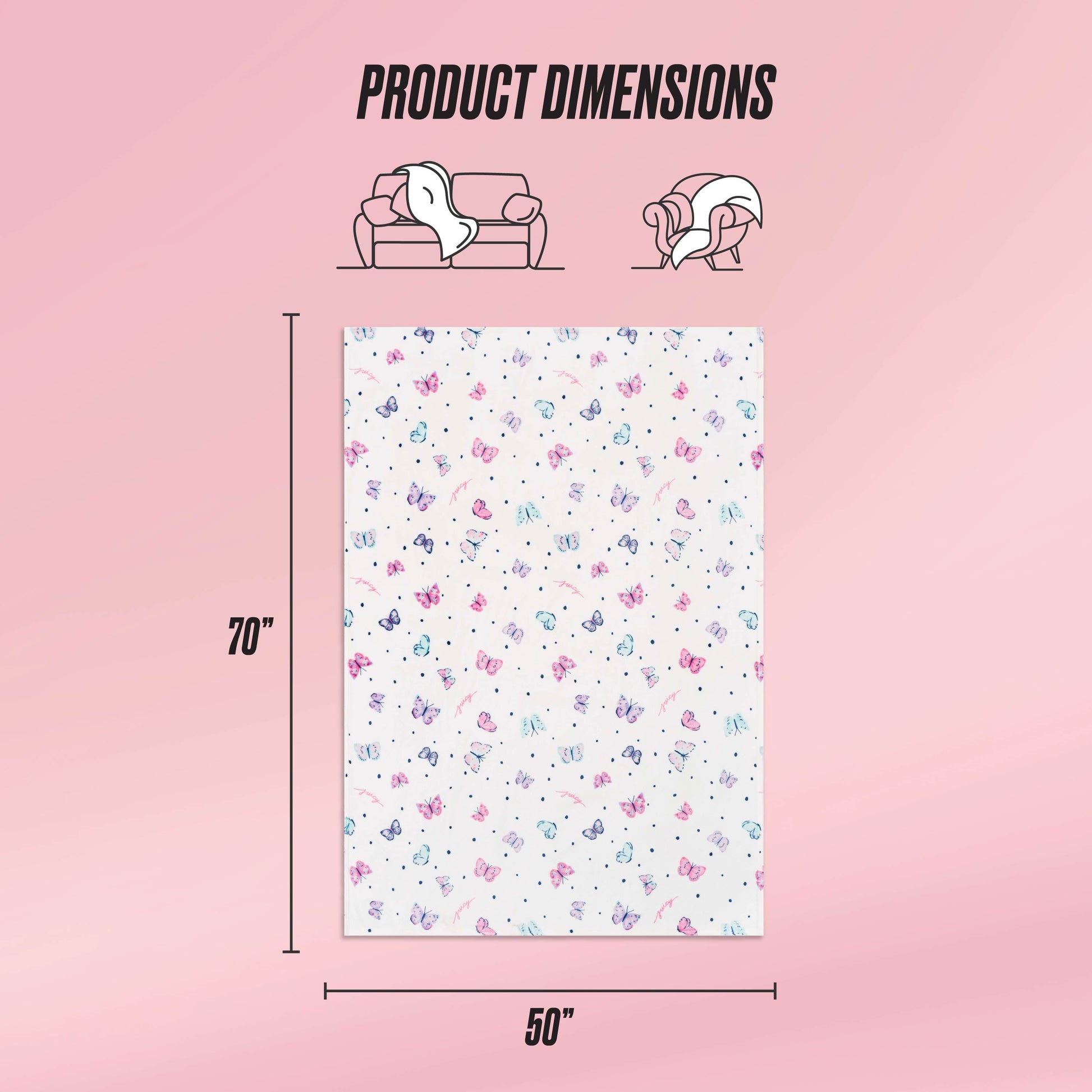 The Kids Plush Throw Blanket, 70x50 inches in a rectangular shape, is shown on a pink background with cartoon animals and bows. Icons highlight its ultra-soft comfort for couch use or as a wrap. Text displays: Product Dimensions.