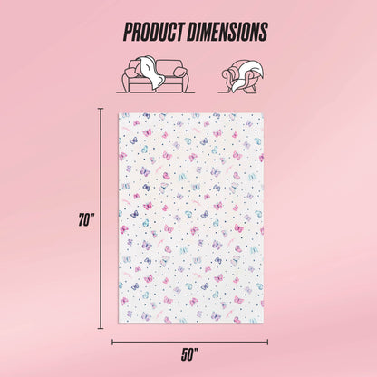 The Kids Plush Throw Blanket, 70x50 inches in a rectangular shape, is shown on a pink background with cartoon animals and bows. Icons highlight its ultra-soft comfort for couch use or as a wrap. Text displays: Product Dimensions.