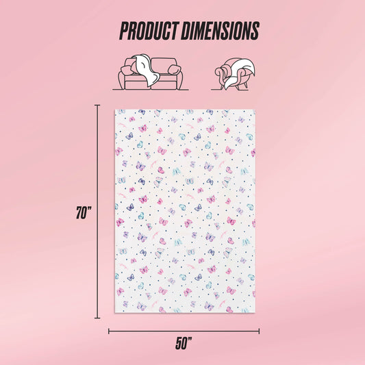 The Kids Plush Throw Blanket, 70x50 inches in a rectangular shape, is shown on a pink background with cartoon animals and bows. Icons highlight its ultra-soft comfort for couch use or as a wrap. Text displays: Product Dimensions.