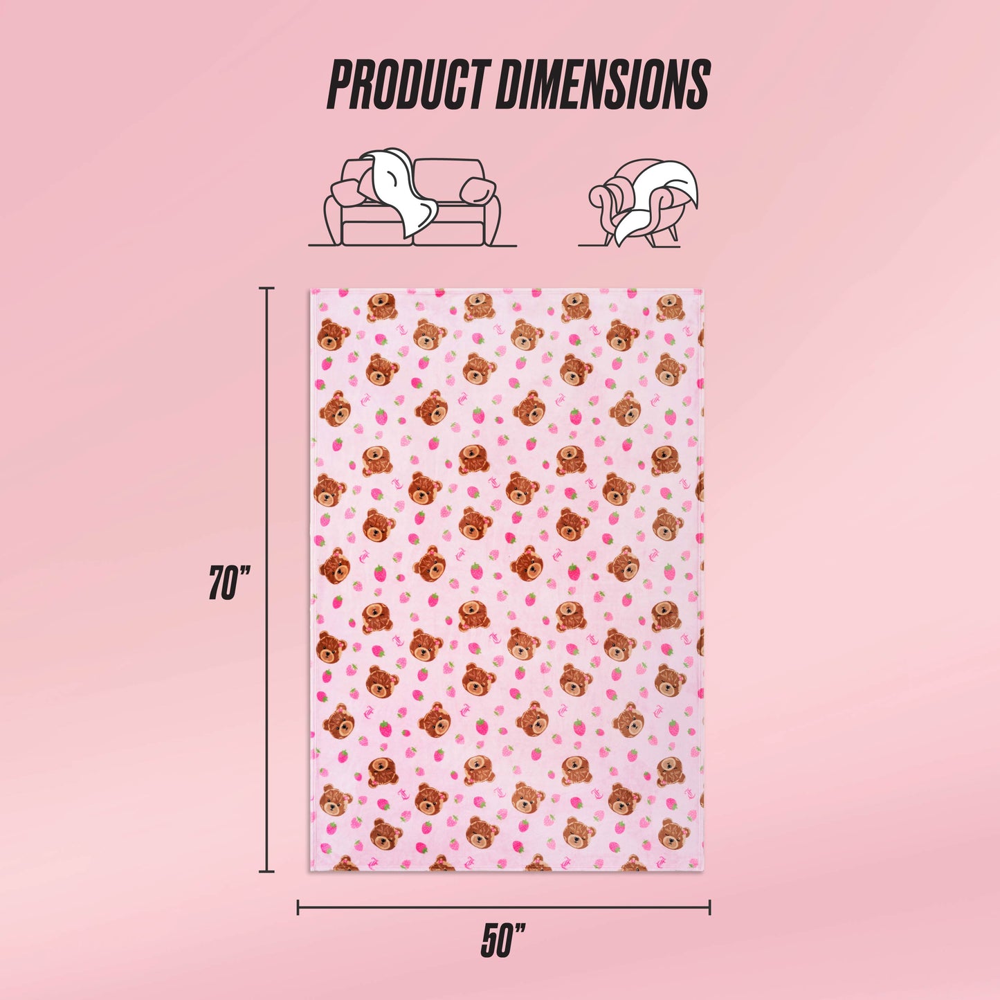 The Kids Plush Throw Blanket is an ultra-soft pink blanket with a cute bear and heart pattern, shown flat with labeled dimensions of 70" x 50". Icons above show it draped over a couch and over a person.