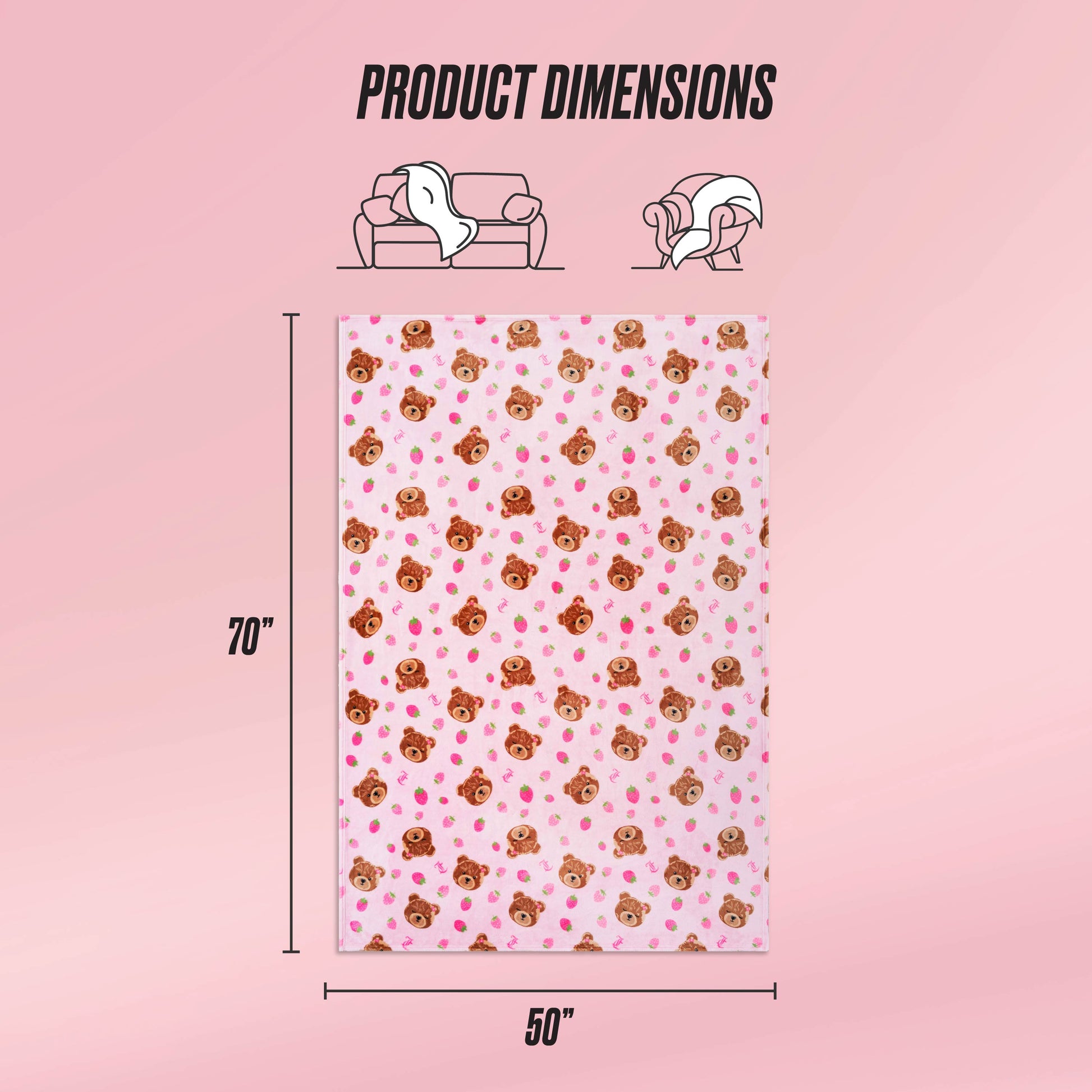 The Kids Plush Throw Blanket is an ultra-soft pink blanket with a cute bear and heart pattern, shown flat with labeled dimensions of 70" x 50". Icons above show it draped over a couch and over a person.
