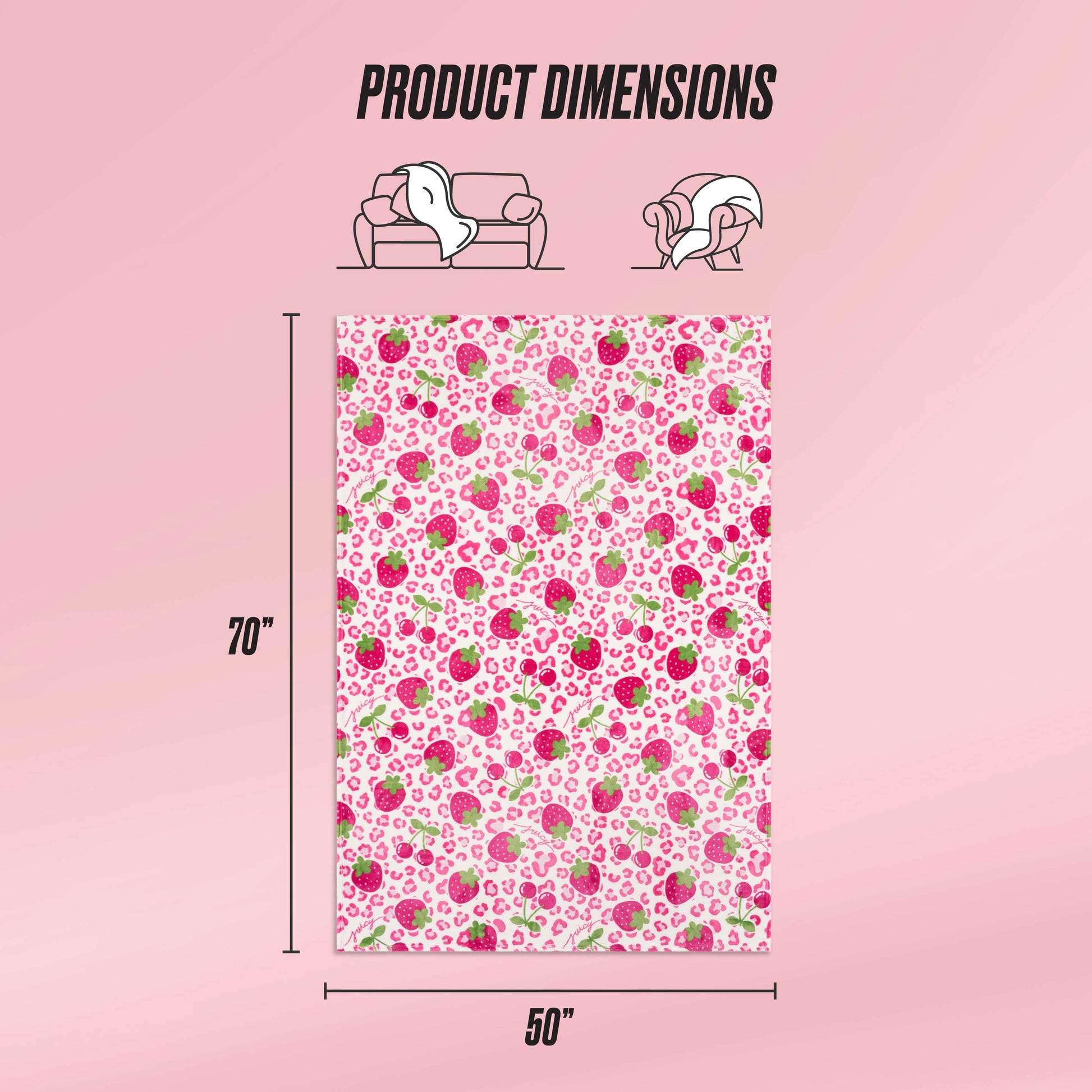 A pink background displays the Kids Plush Throw Blanket by Juicy Couture, featuring a floral pattern and ultra-soft texture, sized 70"x50". Icons above show it draped over a sofa and person, labeled Product Dimensions.