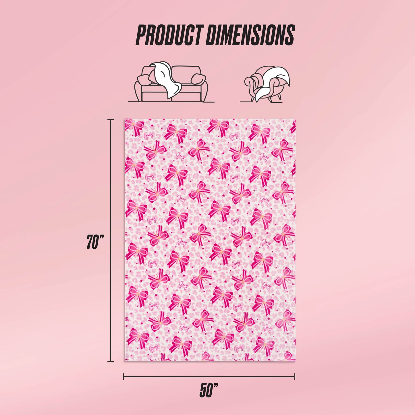 The Kids Plush Throw Blanket measures 70"x50" and features vertical pink ribbon designs. Ultra-soft and cozy, it’s perfect for lounging—ideal for use on a couch or while relaxing.