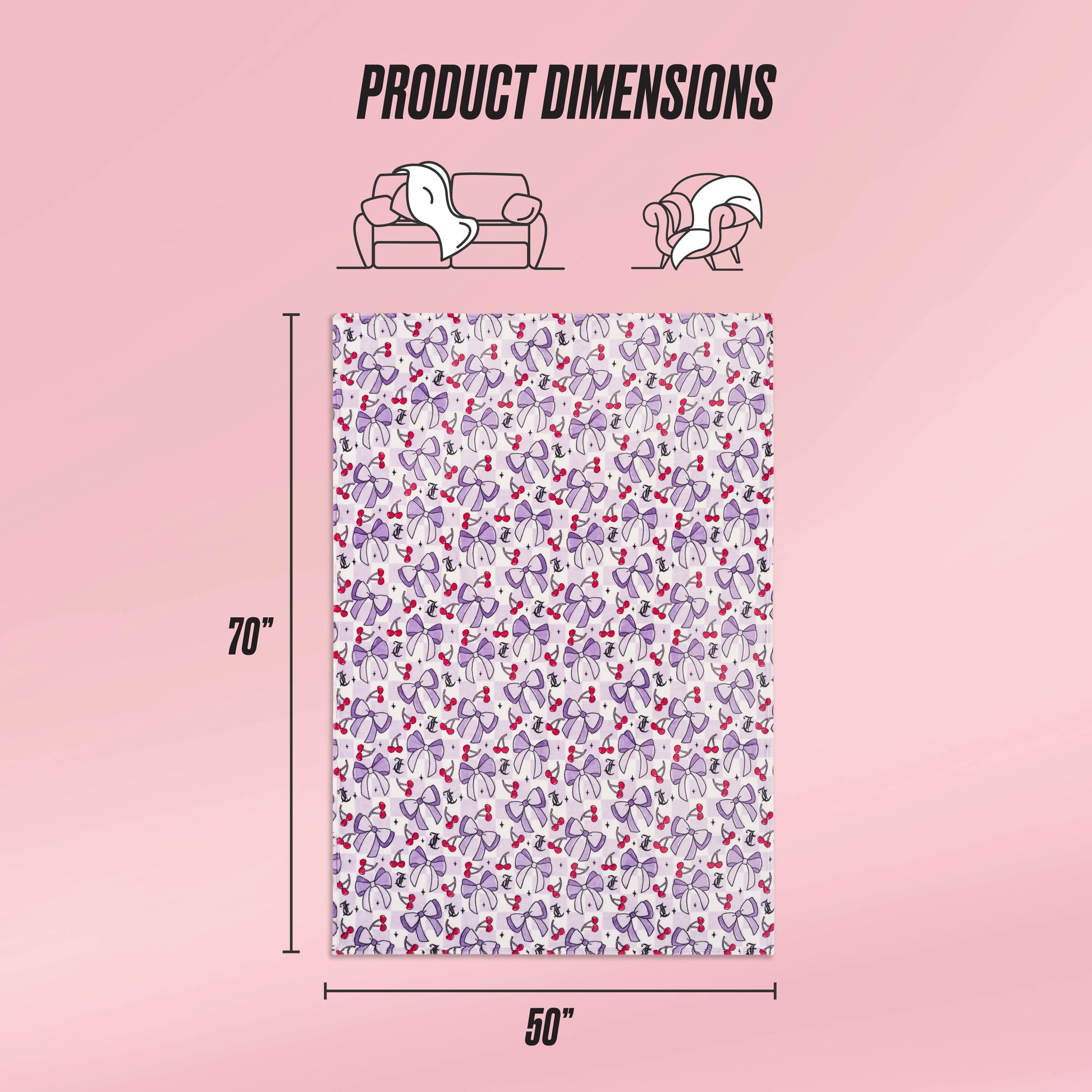 The Kids Plush Throw Blanket by Juicy Couture Kids features a colorful heart and paw print design, measures 70 x 50 inches, and is shown draped on a sofa and wrapped around a person. The ultra-soft material is ideal for cozy moments. Product Dimensions shown.