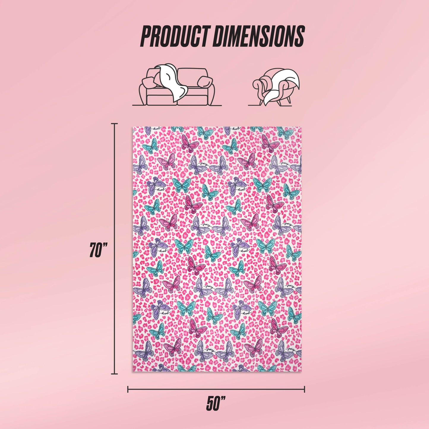 The Kids Plush Throw Blanket by Juicy Couture comes in pink with playful butterfly and heart designs. Measuring 70" x 50", it’s ultra-soft, perfect for kids, as shown draped over a sofa and person. Text displays: Product Dimensions.